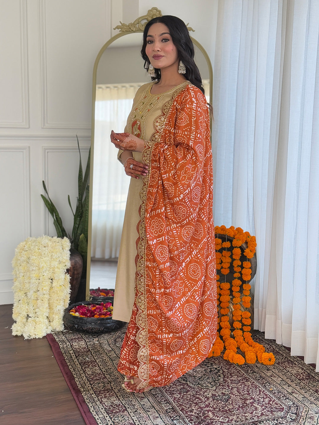 Cream Bsy Viscose Elegant Kurta Pant Set With Embroidery Work