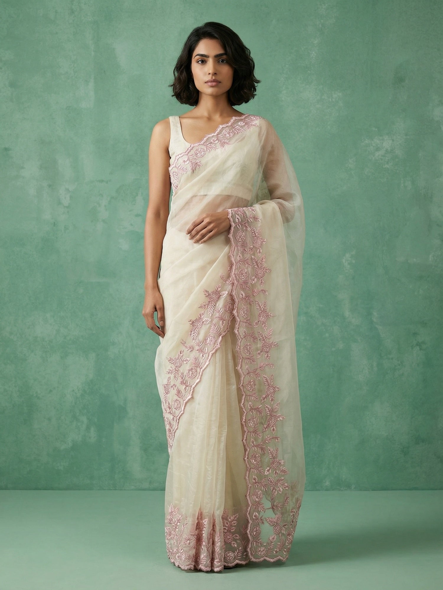 Cream Chanda Silk Saree with Floral Thread Embroidery Cut Work