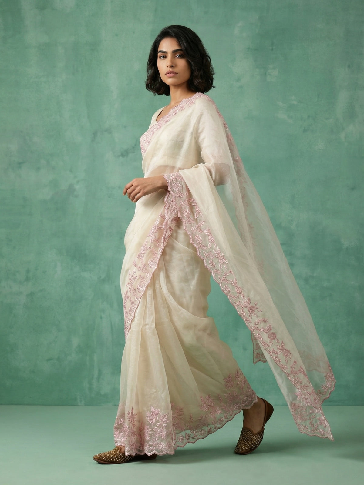 Cream Chanda Silk Saree with Floral Thread Embroidery Cut Work