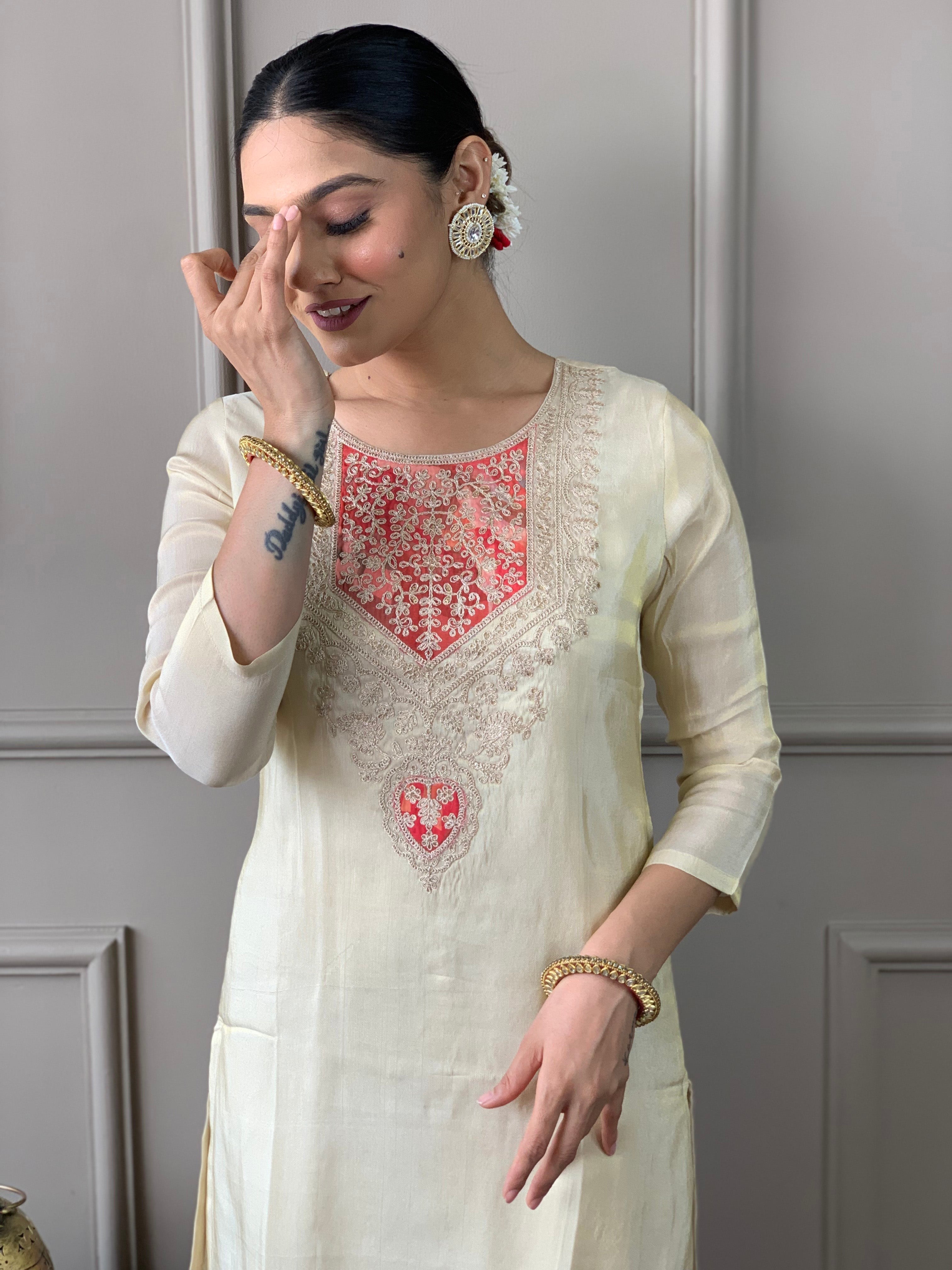 Cream Chanderi Silk Elegant Kurta Pant Set With Embroidery Work