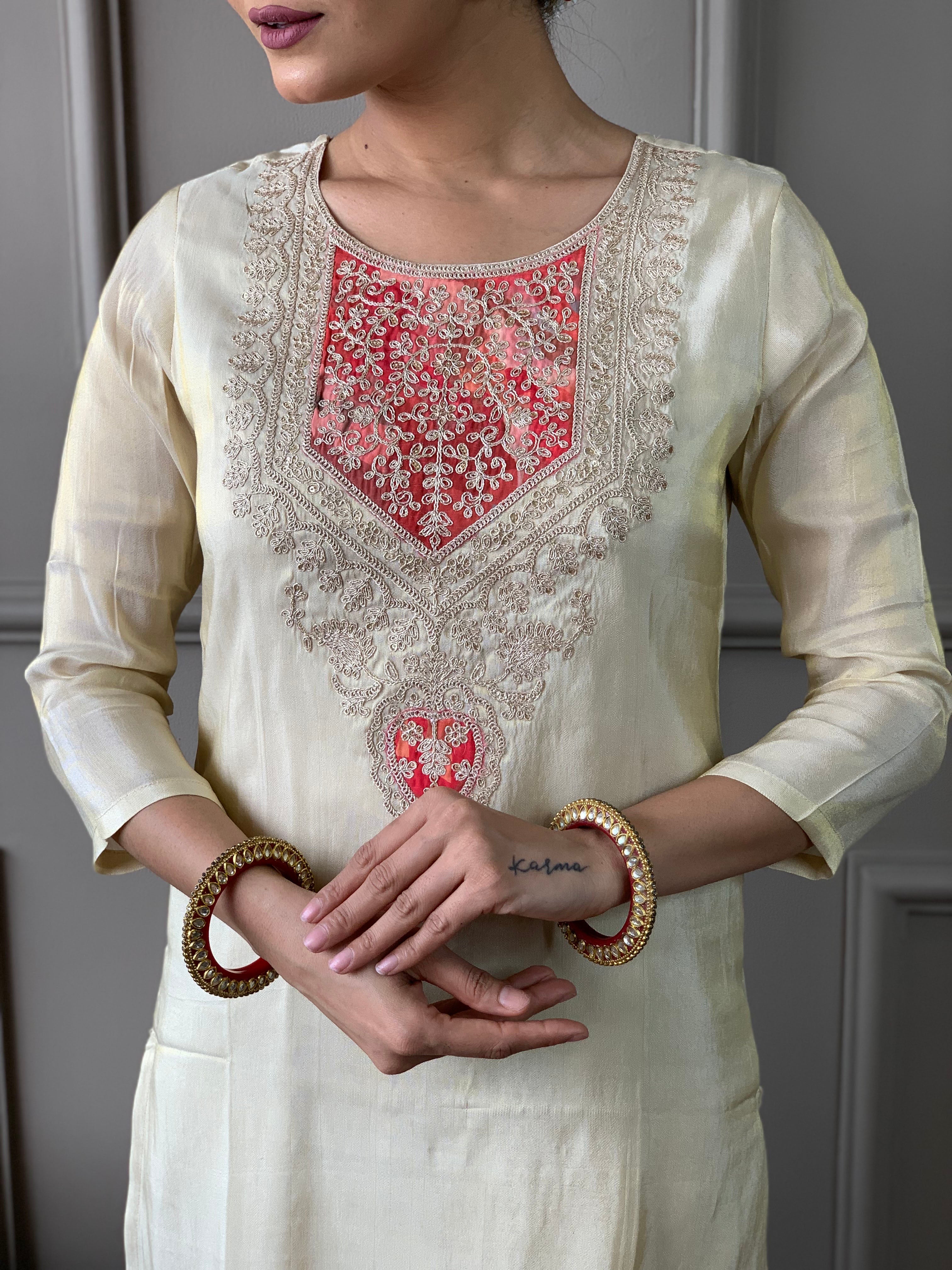 Cream Chanderi Silk Elegant Kurta Pant Set With Embroidery Work