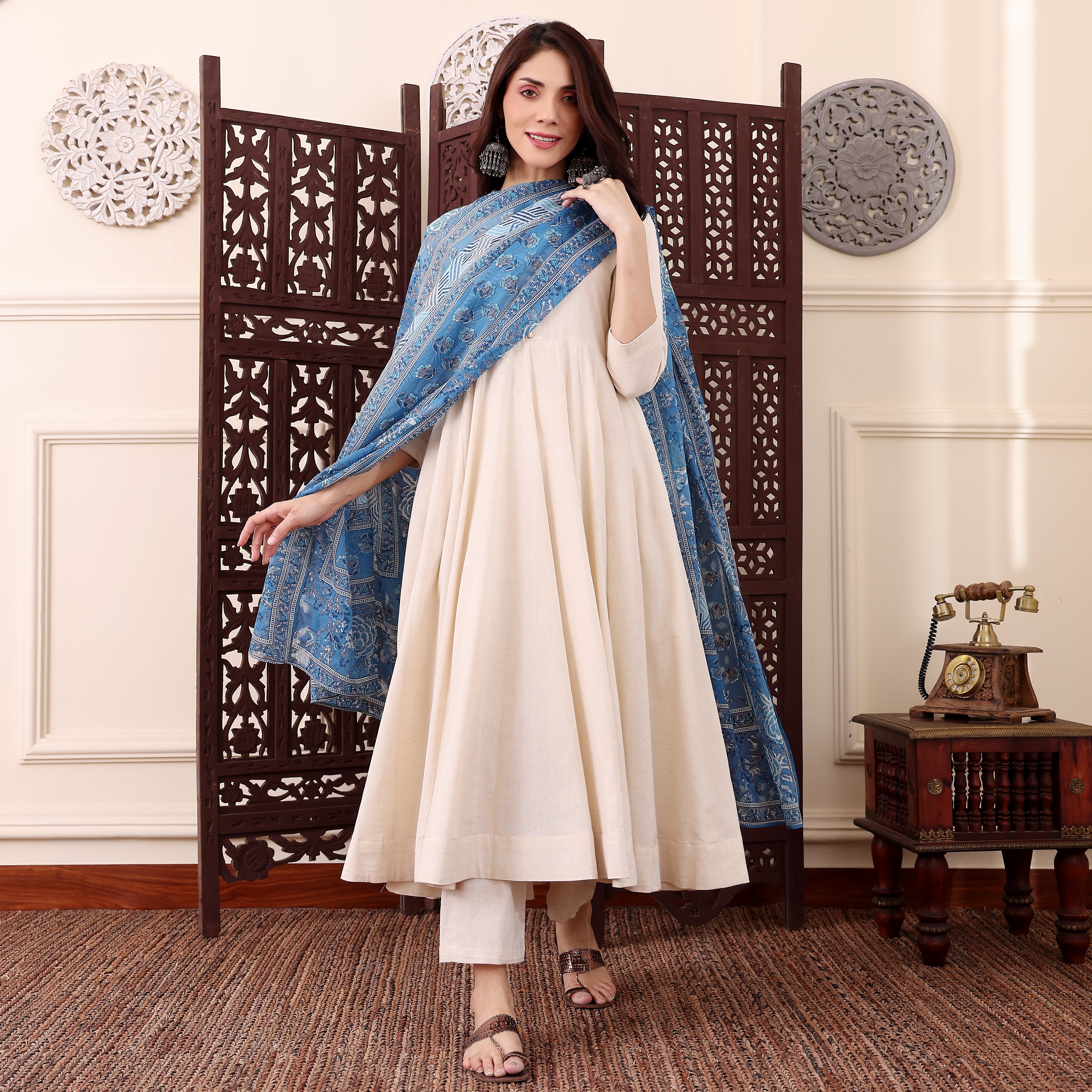 Cream Chanderi Silk Kurta Pant Set With Heavy Thread Embroidery Work With Printed Dupatta