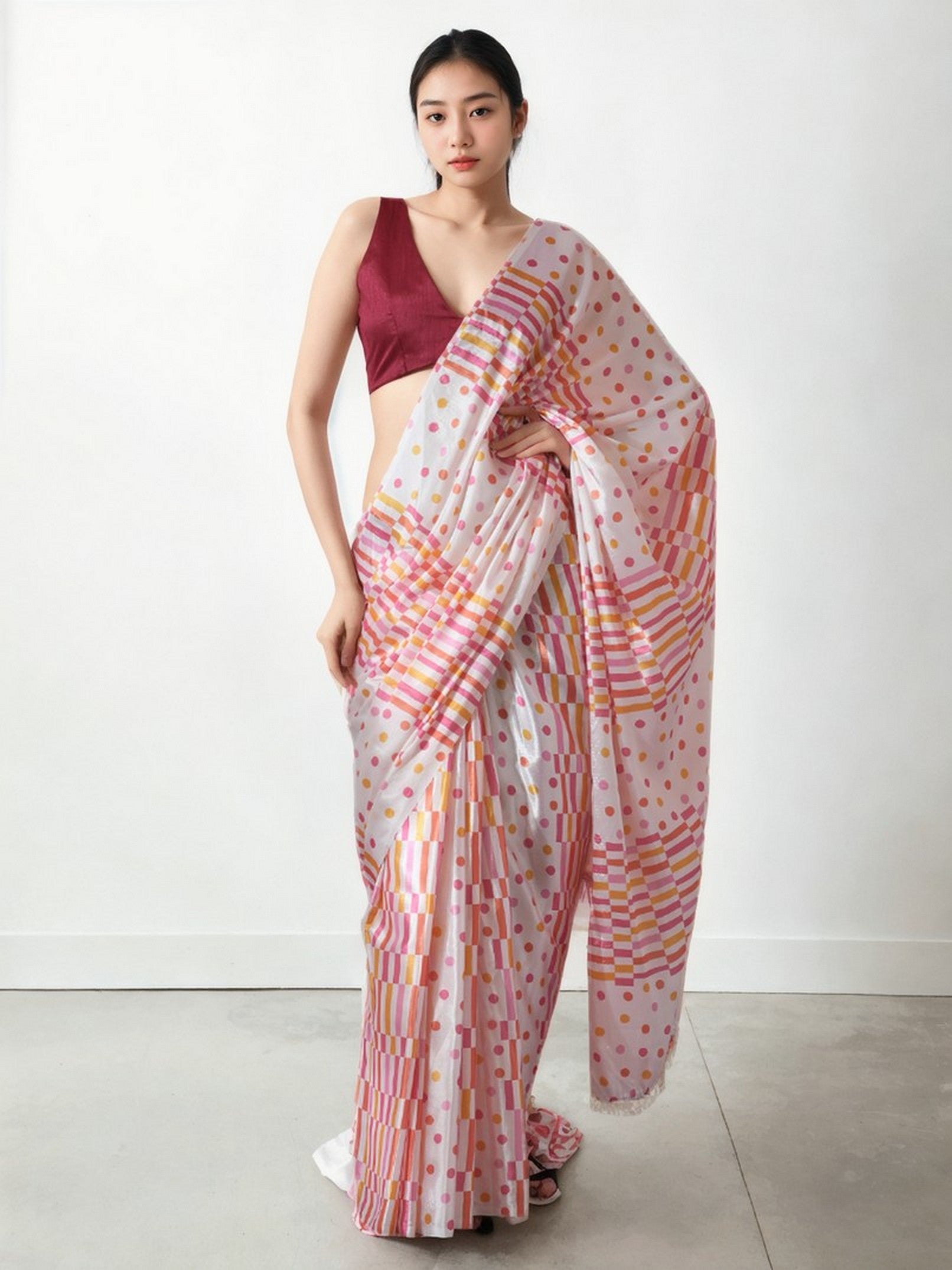 Cream Chinnon Partywear Printed Girlie Ready To Wear Saree