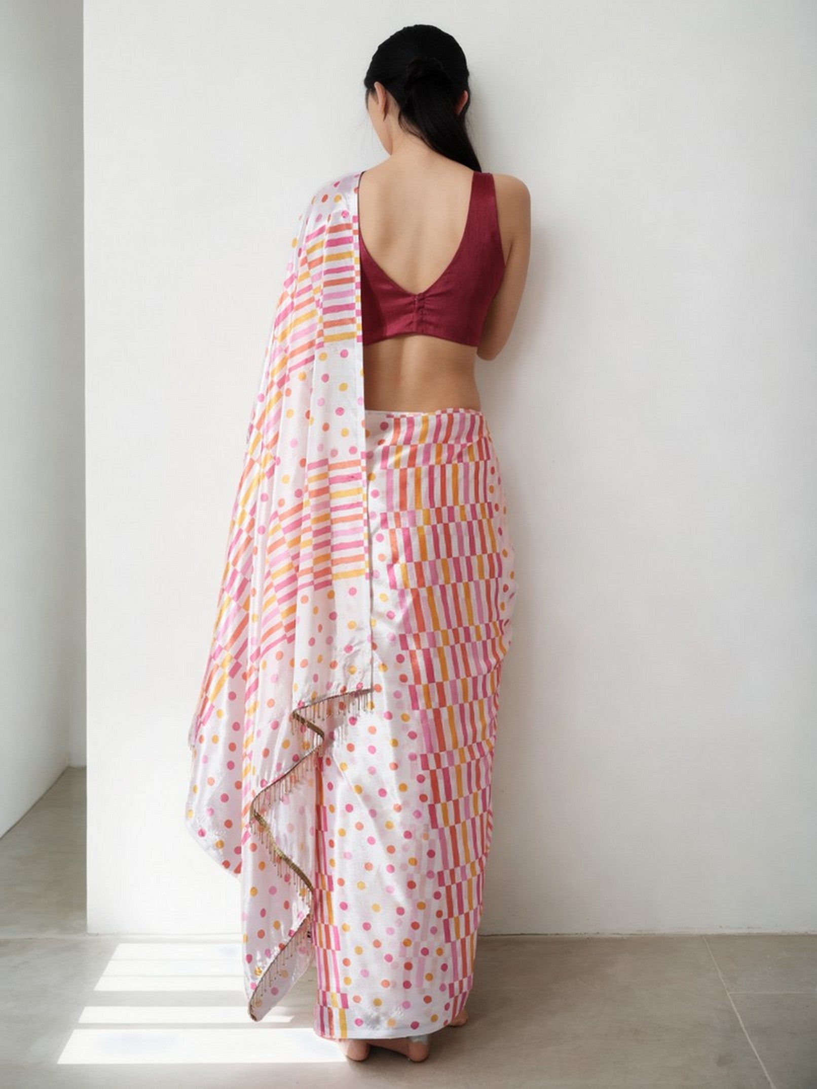 Cream Chinnon Partywear Printed Girlie Ready To Wear Saree