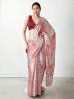 Cream Chinnon Partywear Printed Girlie Ready To Wear Saree