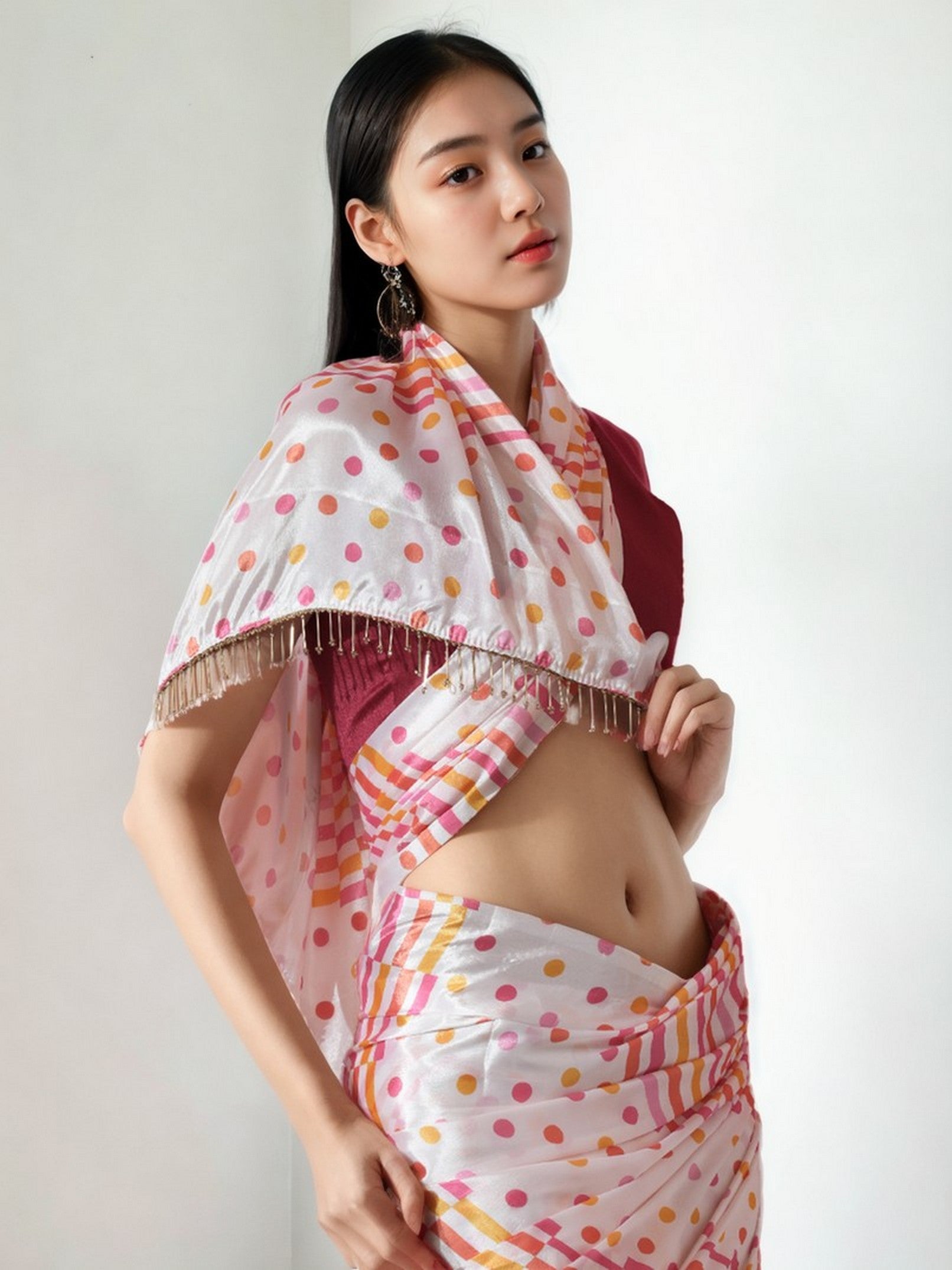 Cream Chinnon Partywear Printed Girlie Ready To Wear Saree