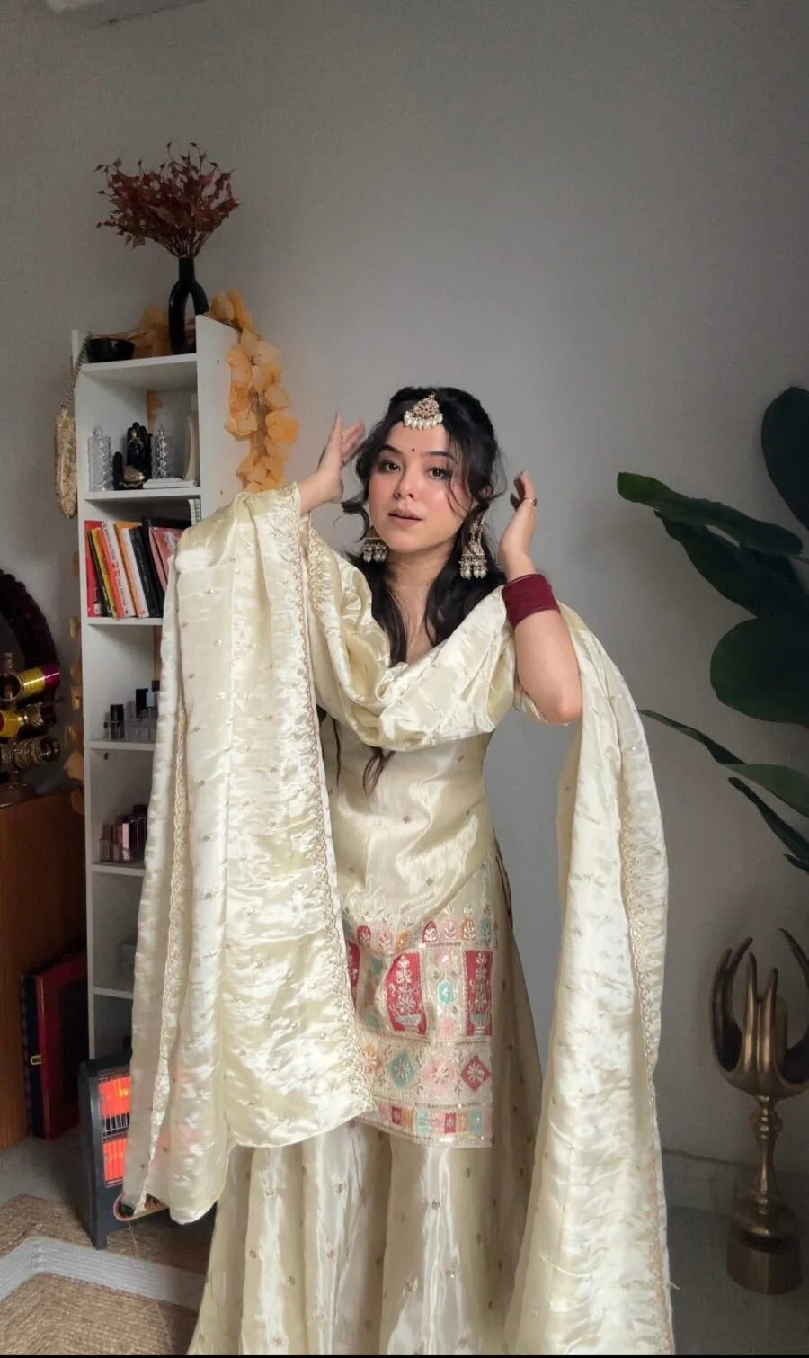 Cream Chinon Silk Kurta With Palazzo Set With Heavy Thread Embroidery Work