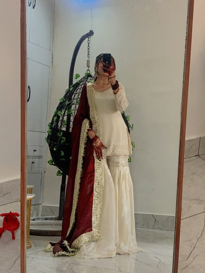 Cream Chinon Silk Kurta With Sharara Set With Heavy Thread Embroidery Work