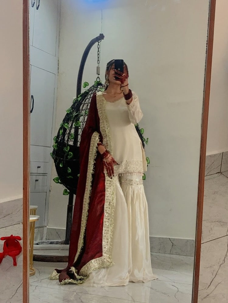 Cream Chinon Silk Kurta With Sharara Set With Heavy Thread Embroidery Work
