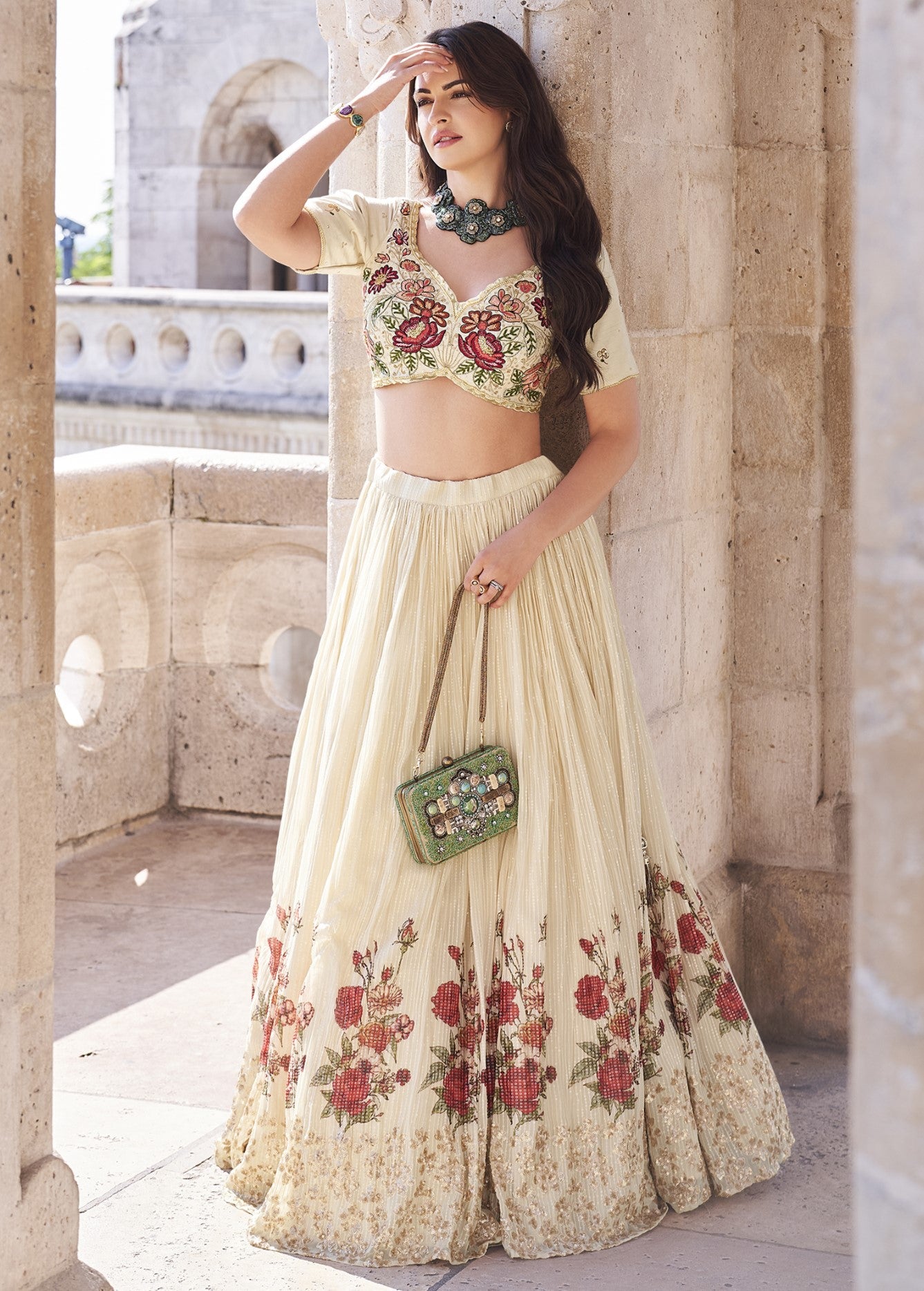 Cream Chinon Silk Lehenga Choli With Handwork Blouse