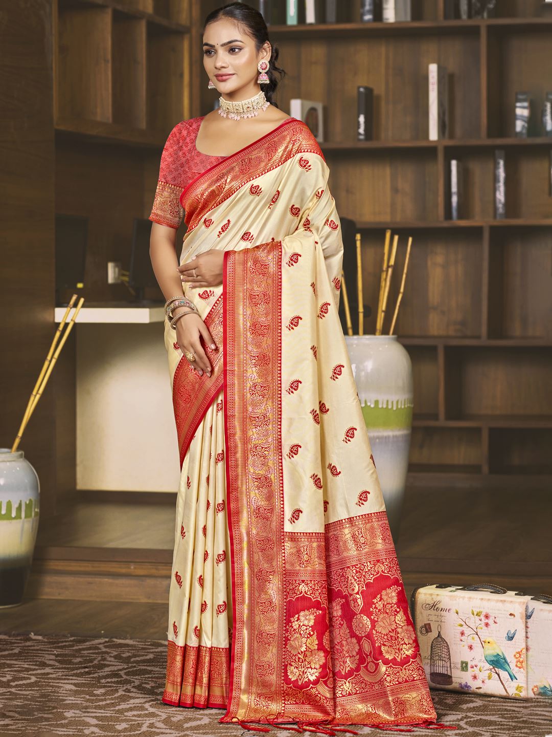 Cream Color Jacquard Silk Saree