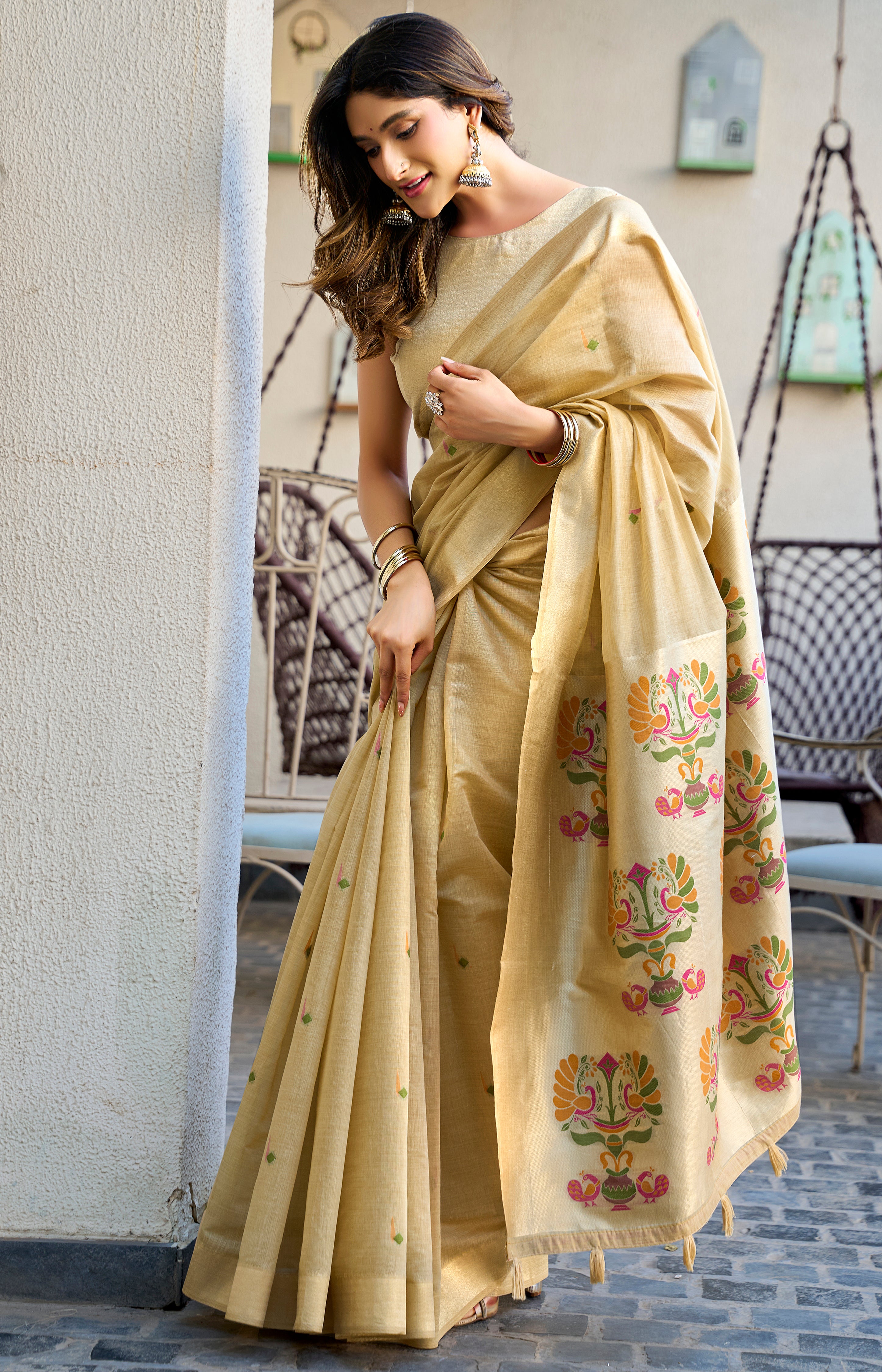 Cream Cotton Saree with Designer Jacquard Woven Work