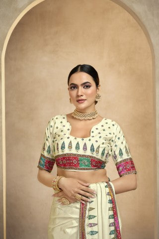 Cream Crepe Silk Position Digital Foil Printed Saree