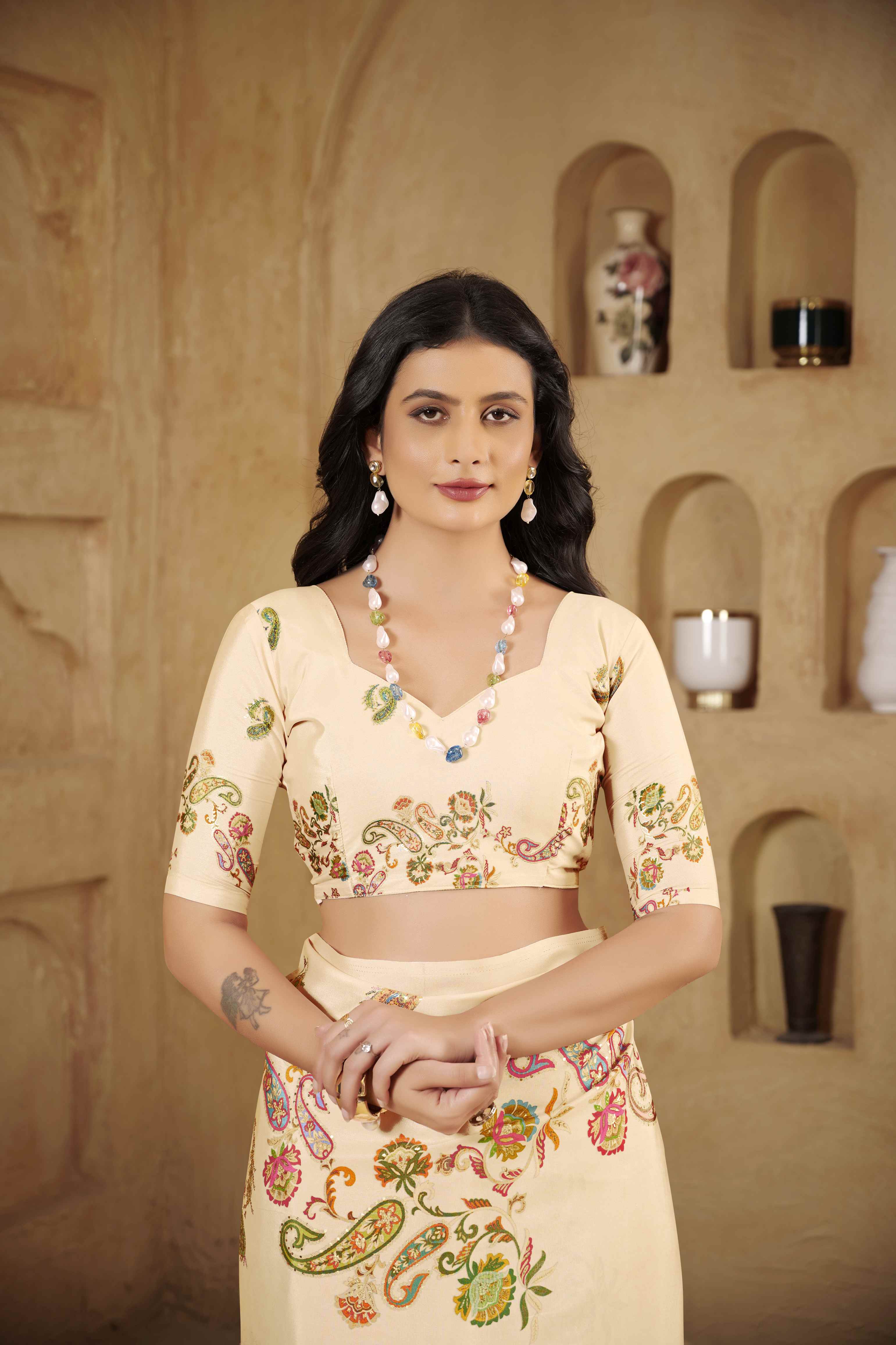Cream Designer Position Digital Foil Printed Crepe Silk Ethnic Festive Saree