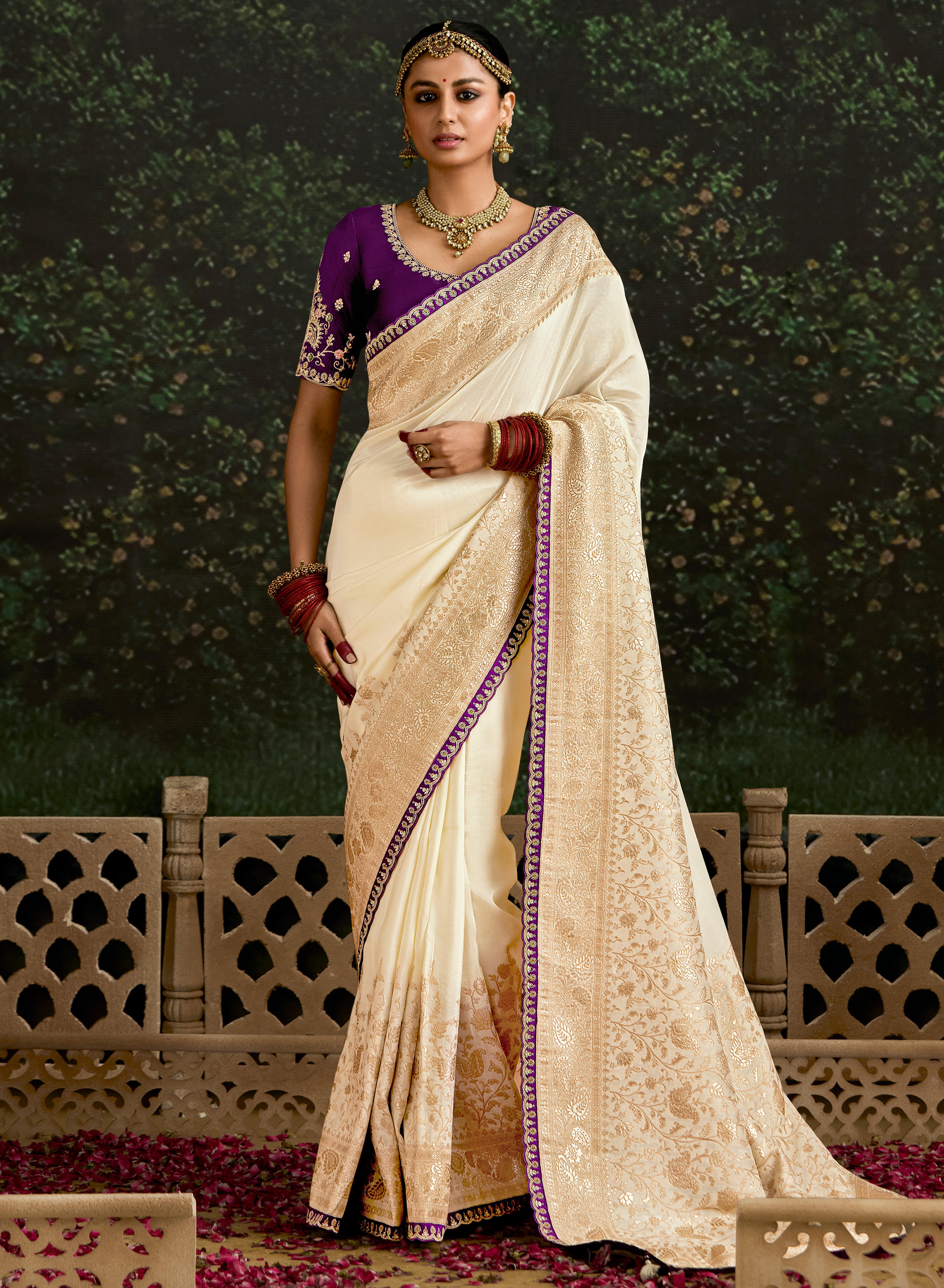 Cream Dola Silk Saree With  Jacquard Woven with Embroidered Lace Border