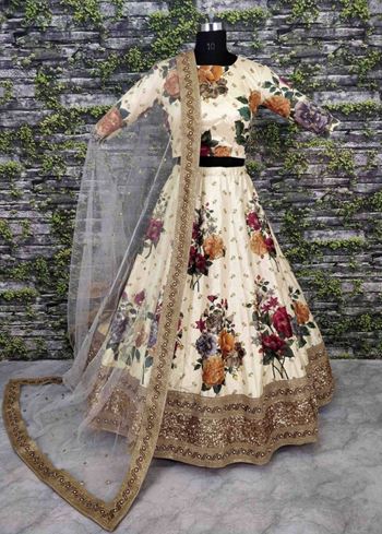 Cream Floral Digital Printed Art Silk Bridal Lehenga Choli