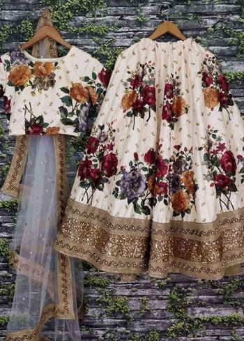 Cream Floral Digital Printed Art Silk Bridal Lehenga Choli