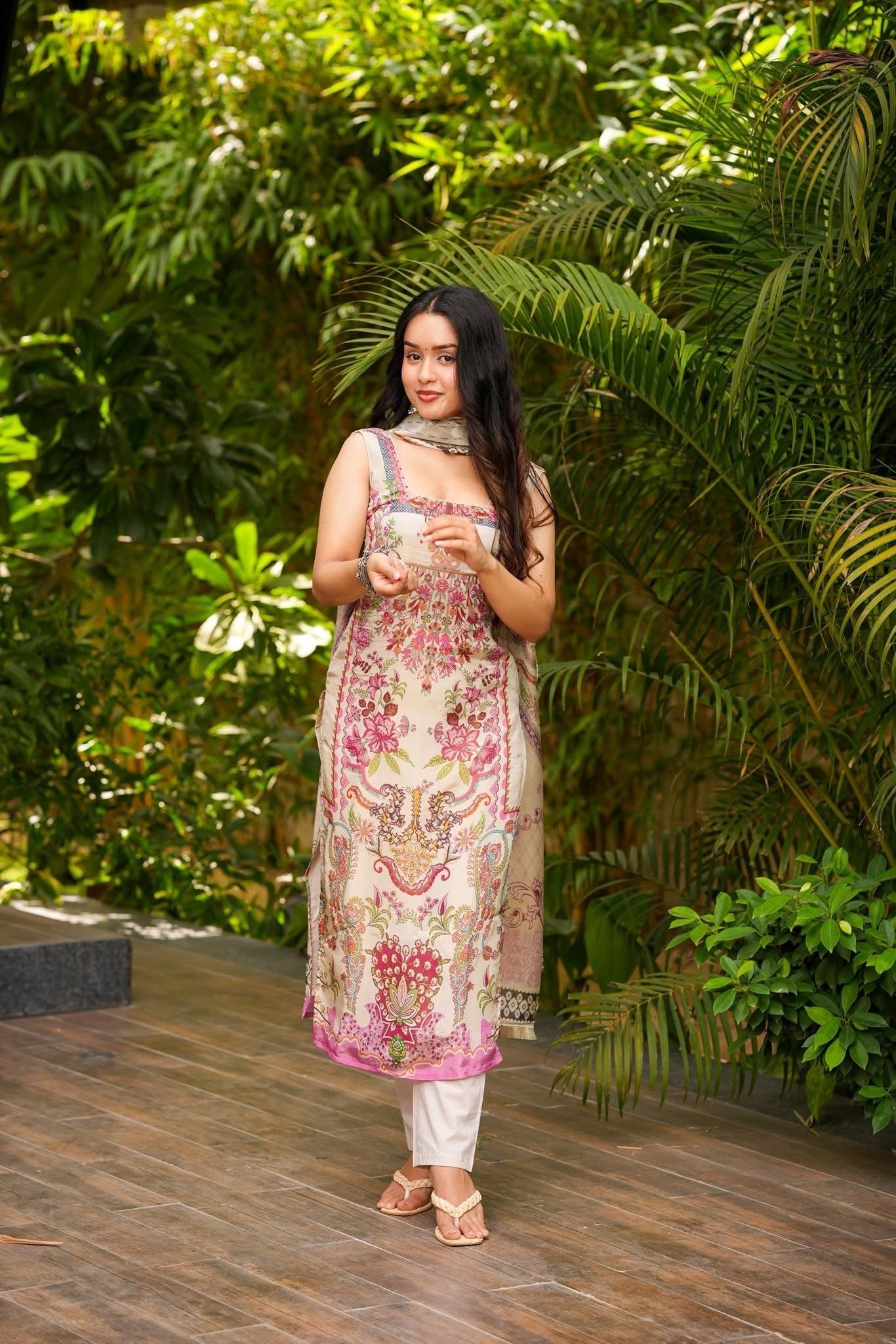 Cream French Crepe Kurta Pant Set  Printed