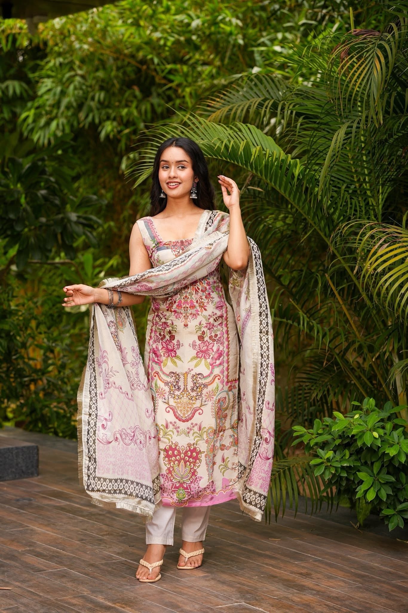 Cream French Crepe Kurta Pant Set  Printed