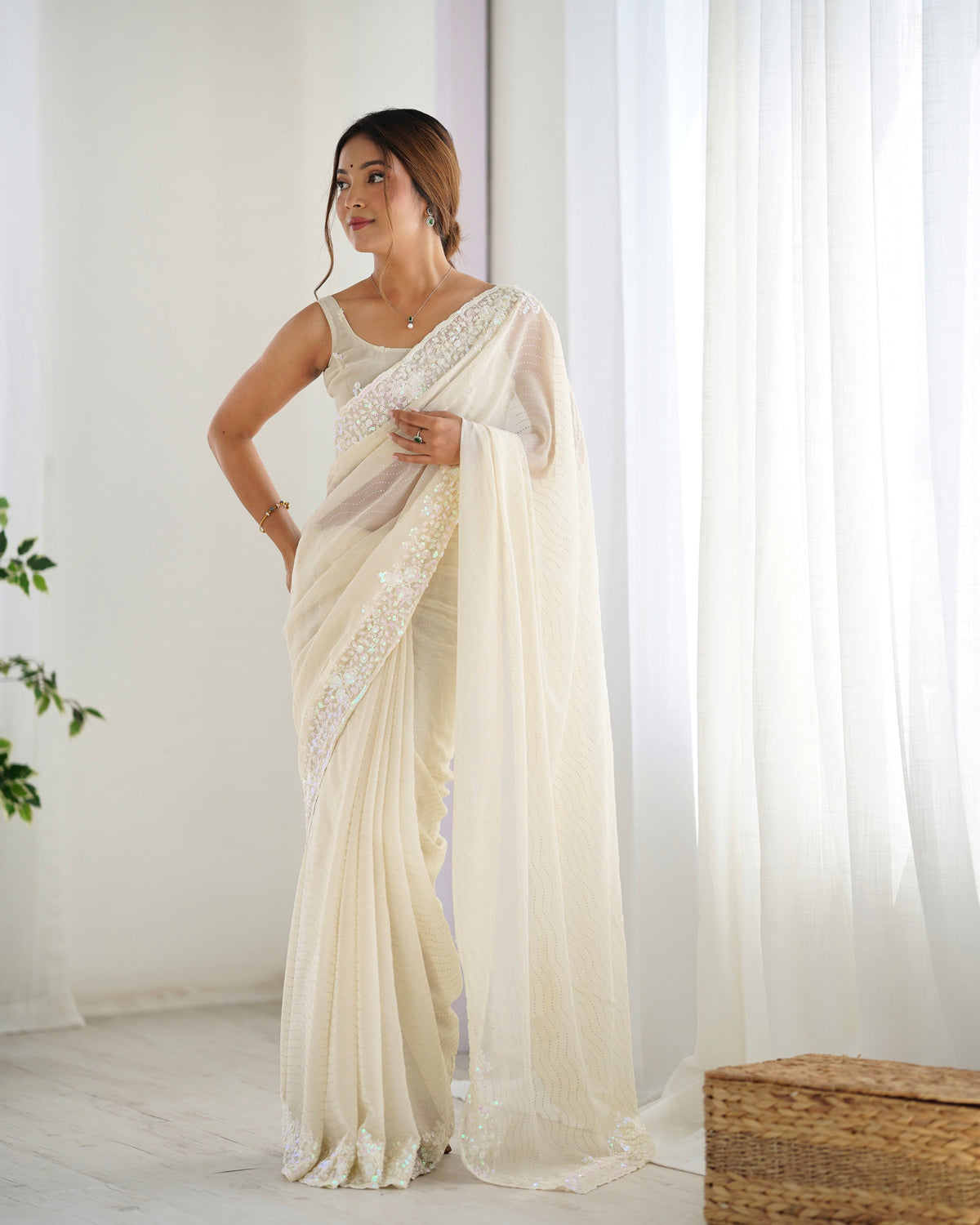Cream Georgette Beautiful Partywear Embroidered Saree