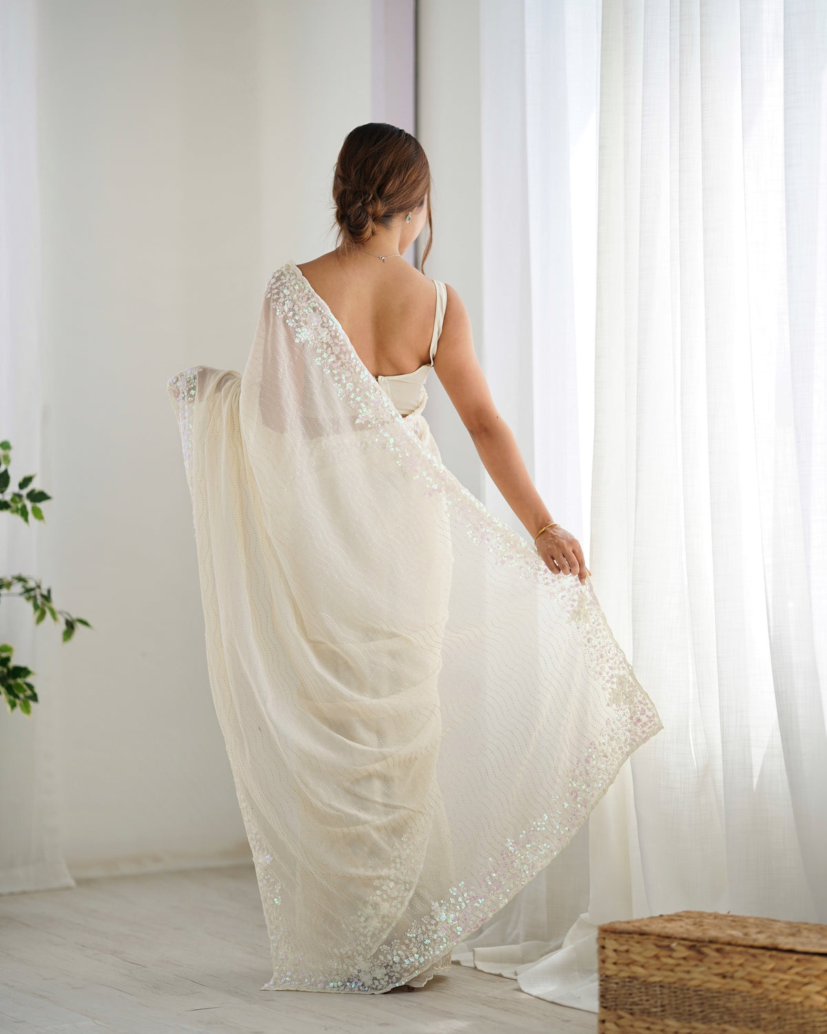 Cream Georgette Beautiful Partywear Embroidered Saree