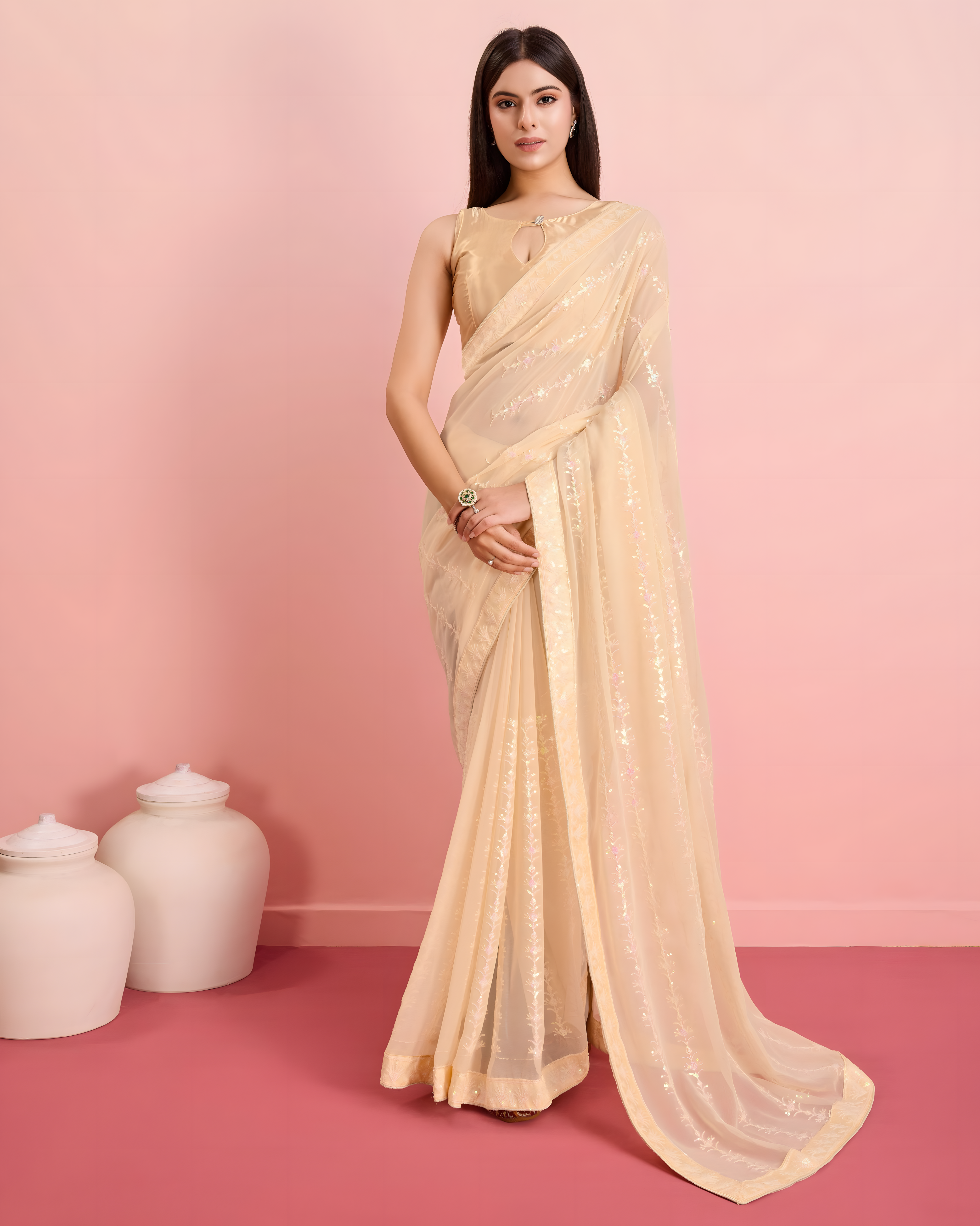 Cream Georgette Saree with 3mm sequence with threads work  with lace border Work