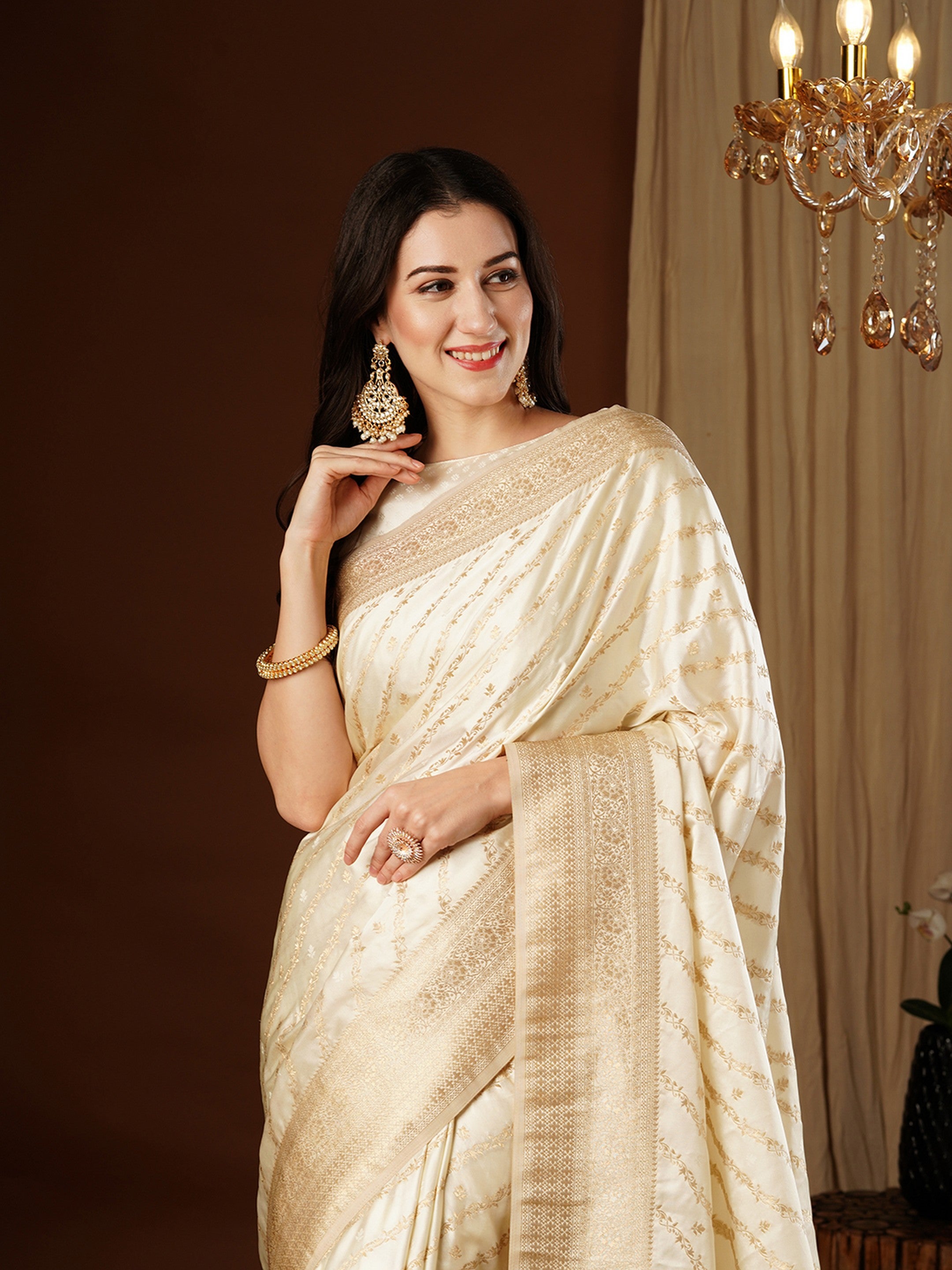 Cream Glamorous Jacquard Designer Satin Silk Saree