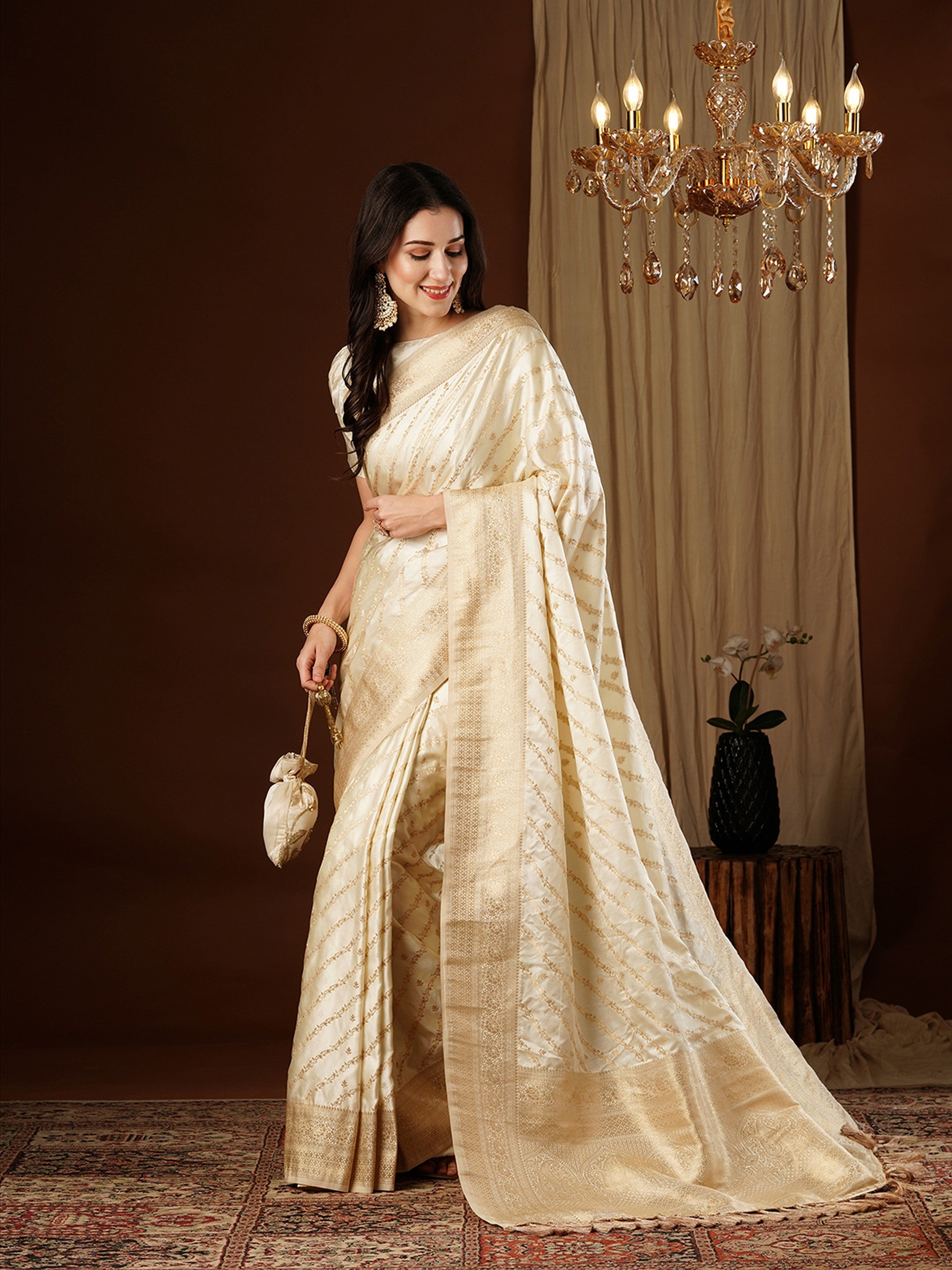 Cream Glamorous Jacquard Designer Satin Silk Saree