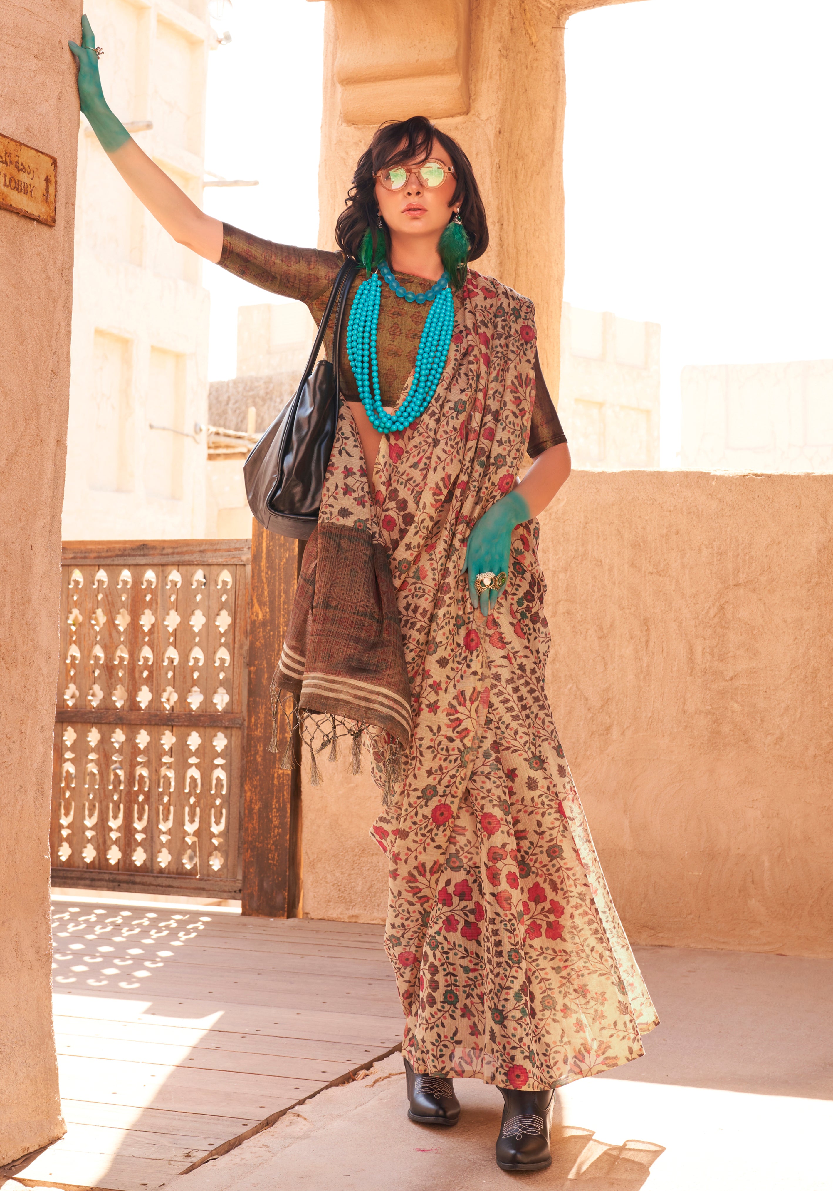 Cream Handloom Silk Saree With  Printed