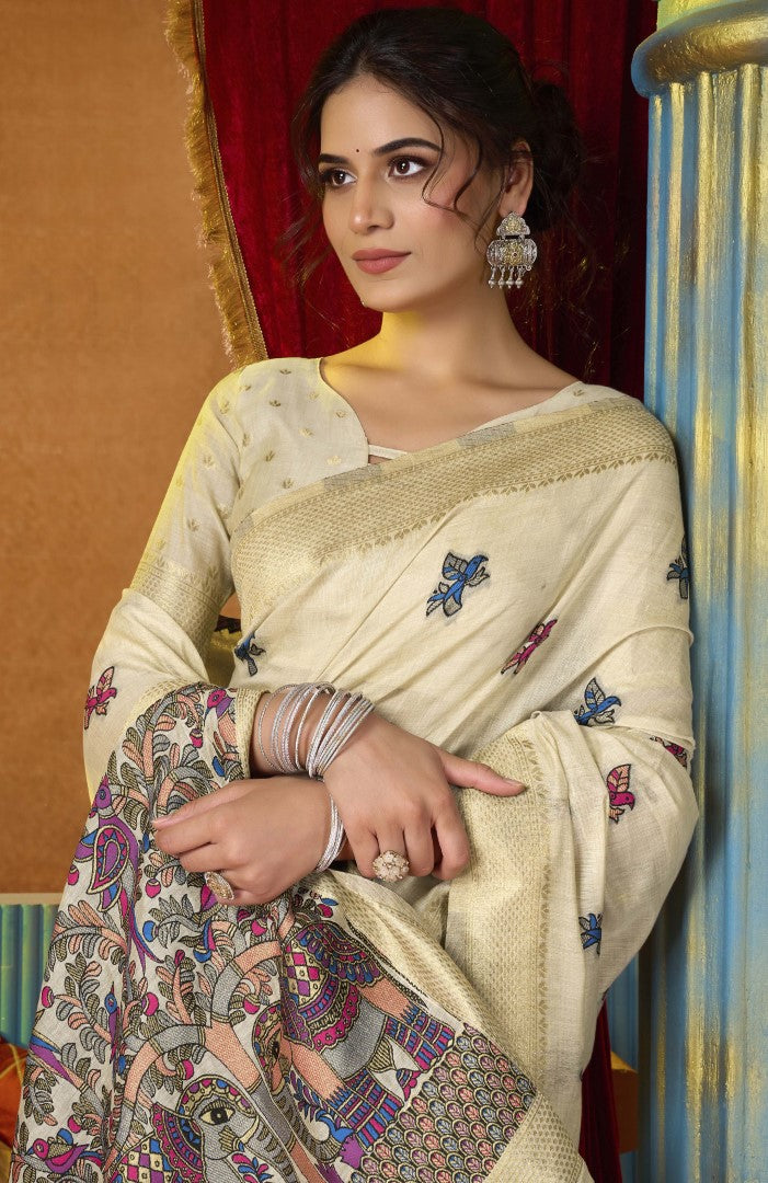 Cream Katha Modal Saree with Mina Woven Work & Pom Pom Style