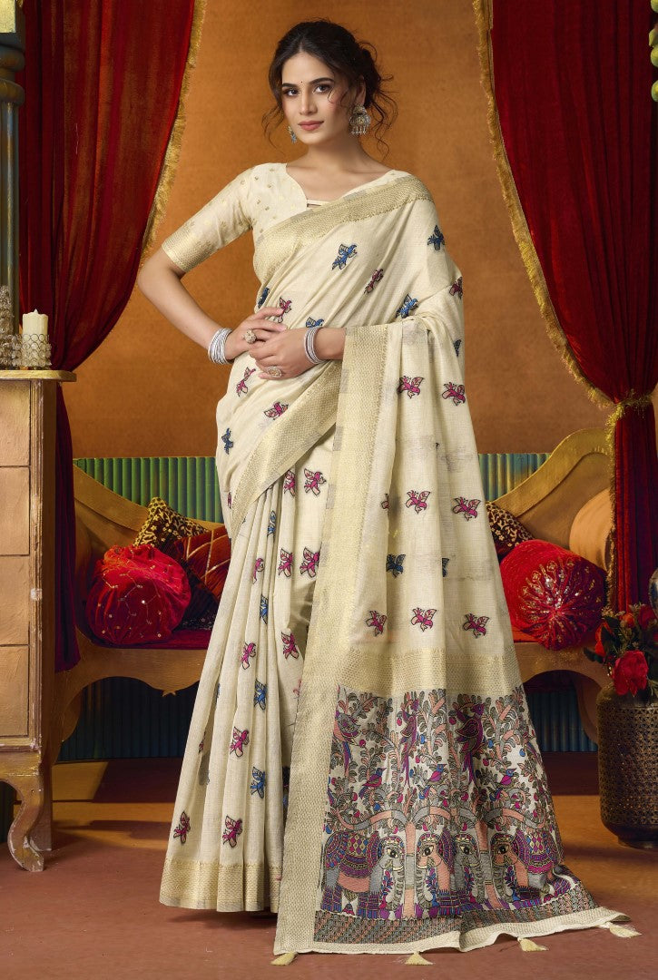 Cream Katha Modal Saree with Mina Woven Work & Pom Pom Style