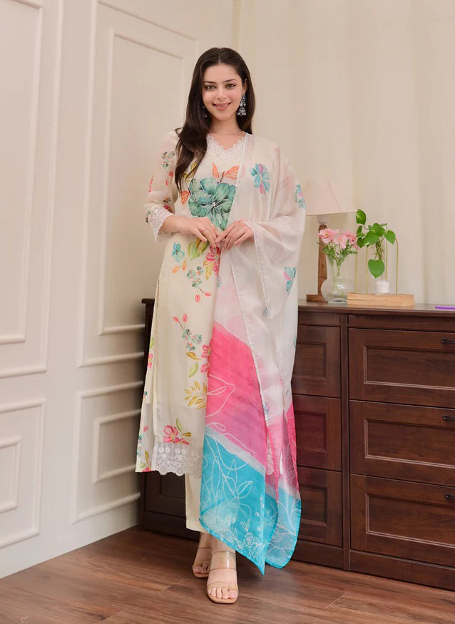 Cream Kurta Pant Set With Print With Thread Embroidery Work