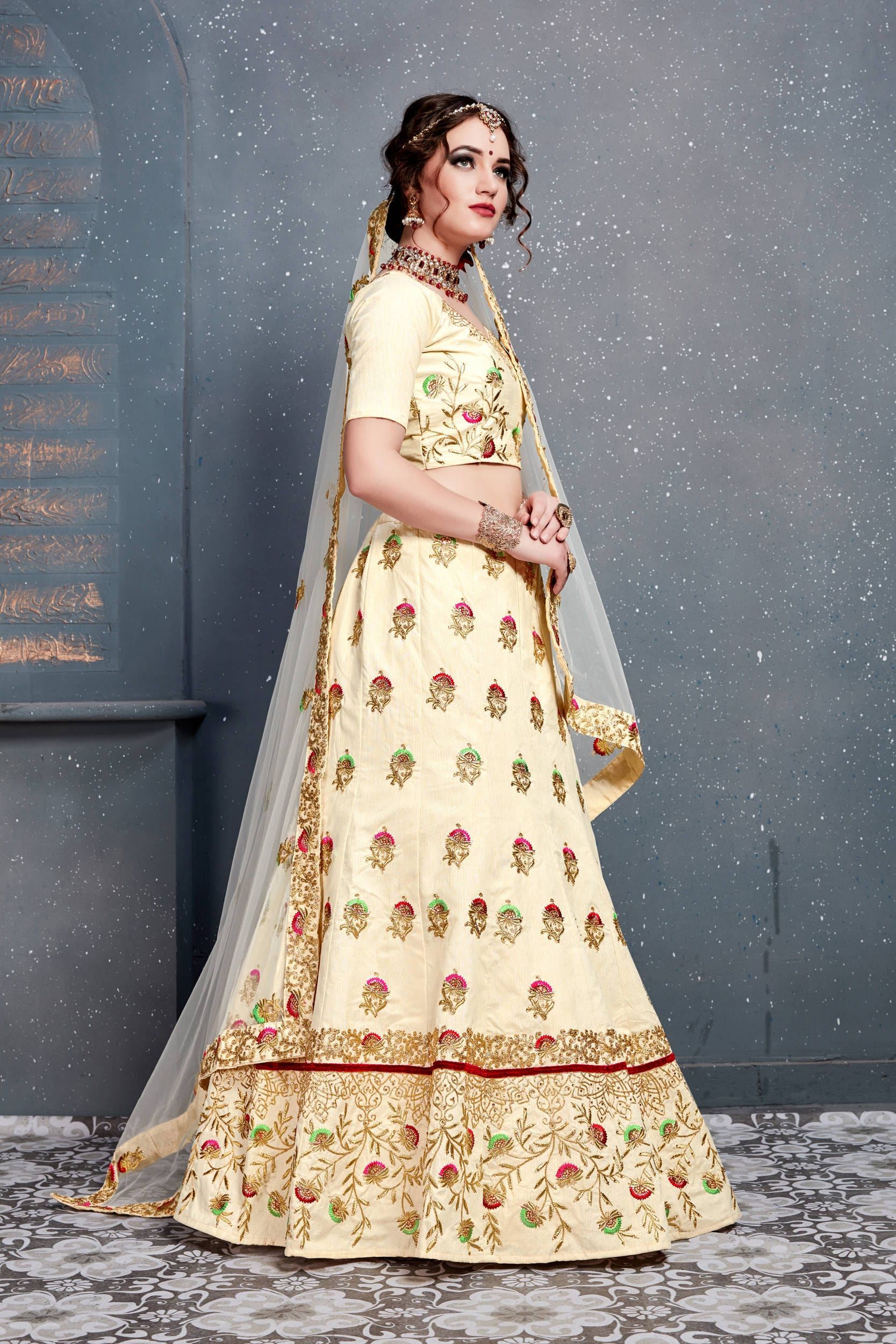 Cream Lehenga Choli With Thread, Dori, Zari Embroidery With Diamond Work