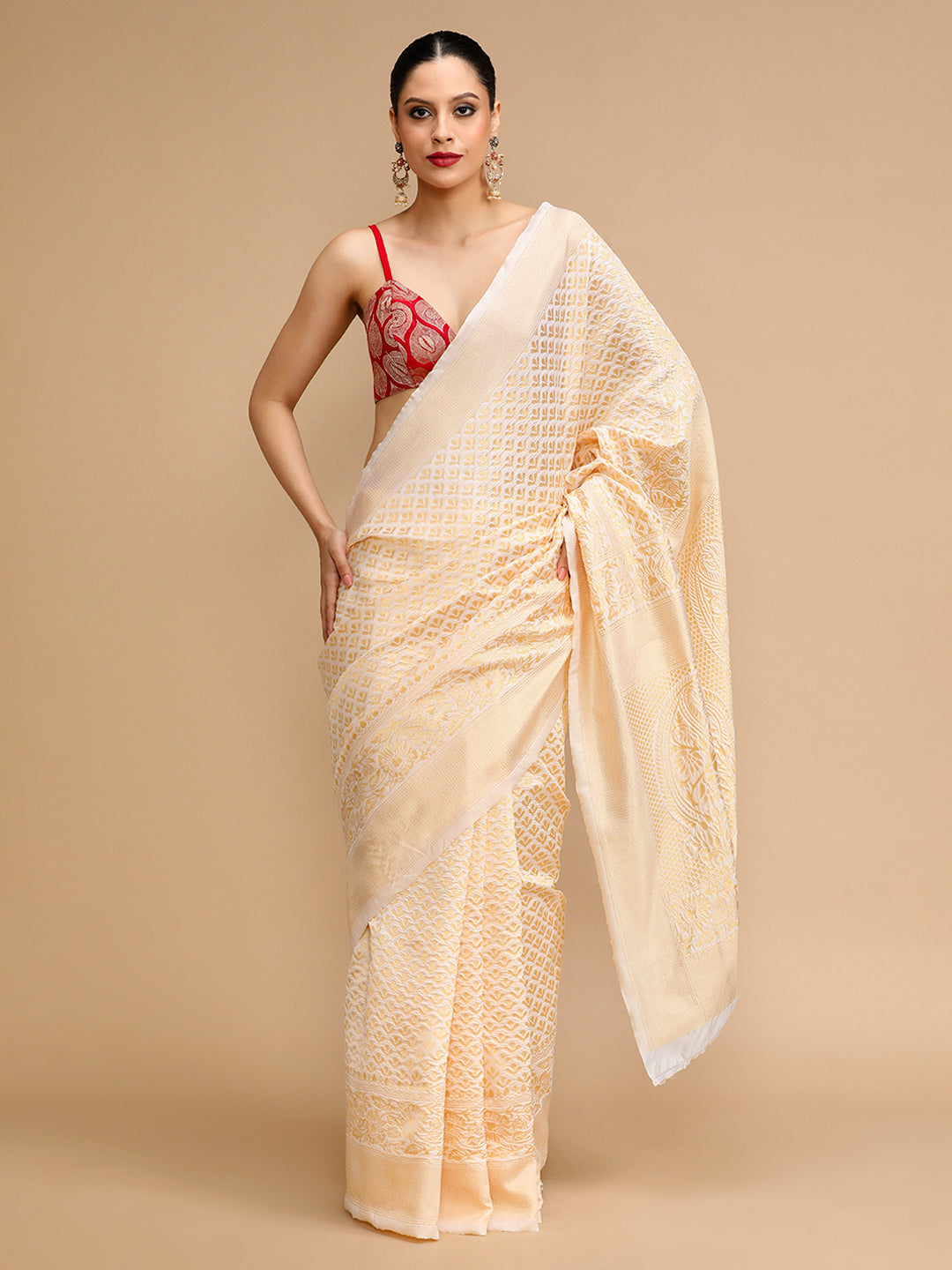 Cream Lichi Silk Saree Woven Jacquard Designer For Ceremonial Looks