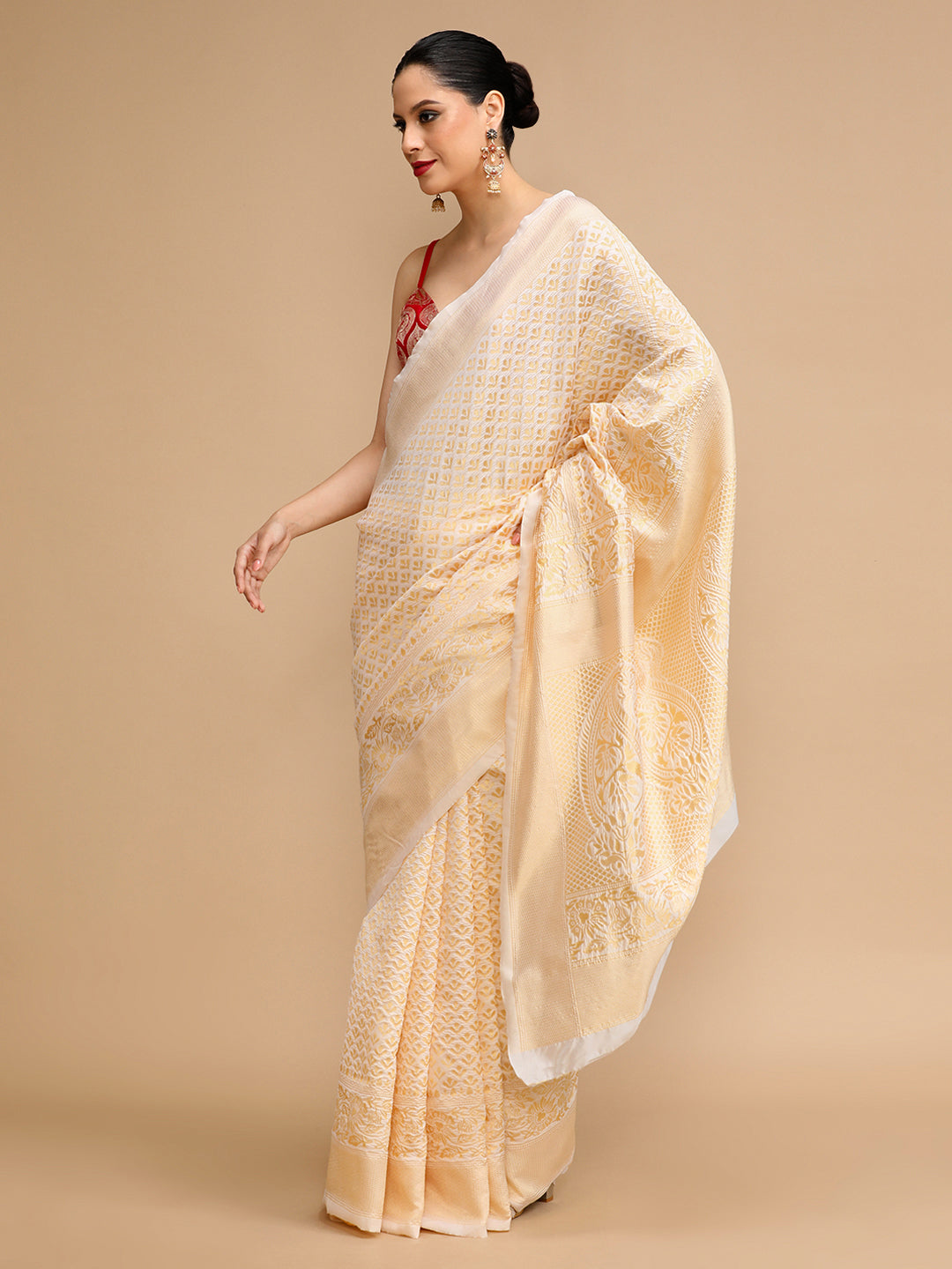 Cream Lichi Silk Saree Woven Jacquard Designer For Ceremonial Looks
