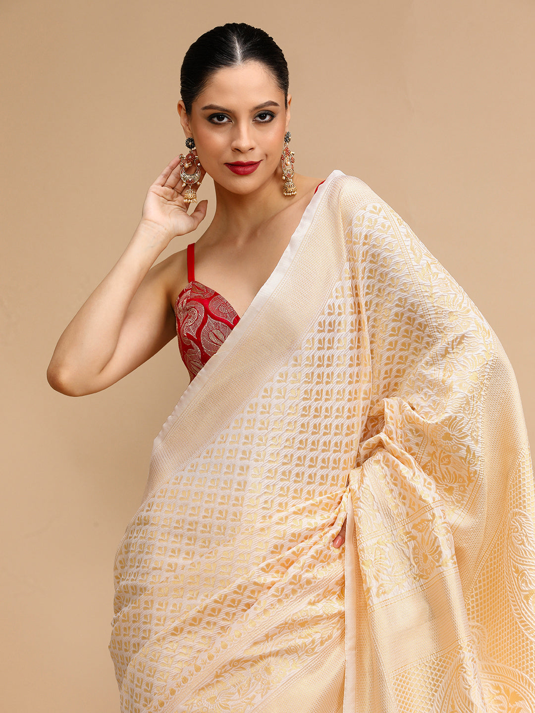 Cream Lichi Silk Saree Woven Jacquard Designer For Ceremonial Looks