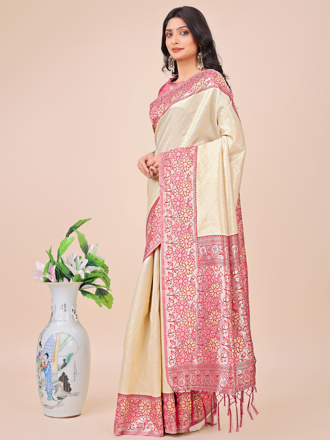 Cream Lichi Silk Woven Designer Partywear Saree