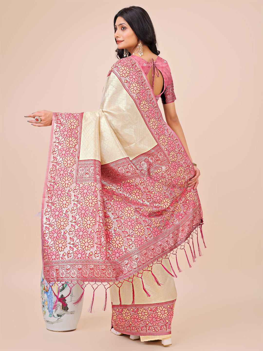 Cream Lichi Silk Woven Designer Partywear Saree