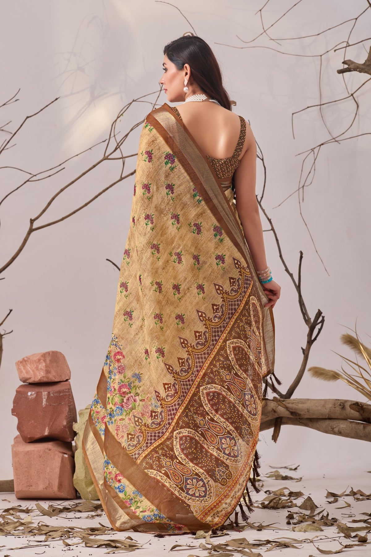 Cream Linen Cotton Saree with Digital Print