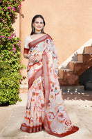 Cream Linen Cotton Woven Border Designer Printed Saree