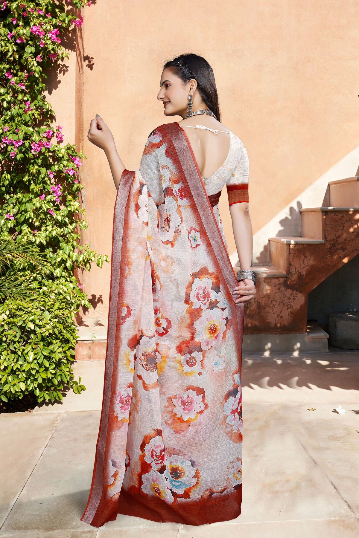 Cream Linen Cotton Woven Border Designer Printed Saree