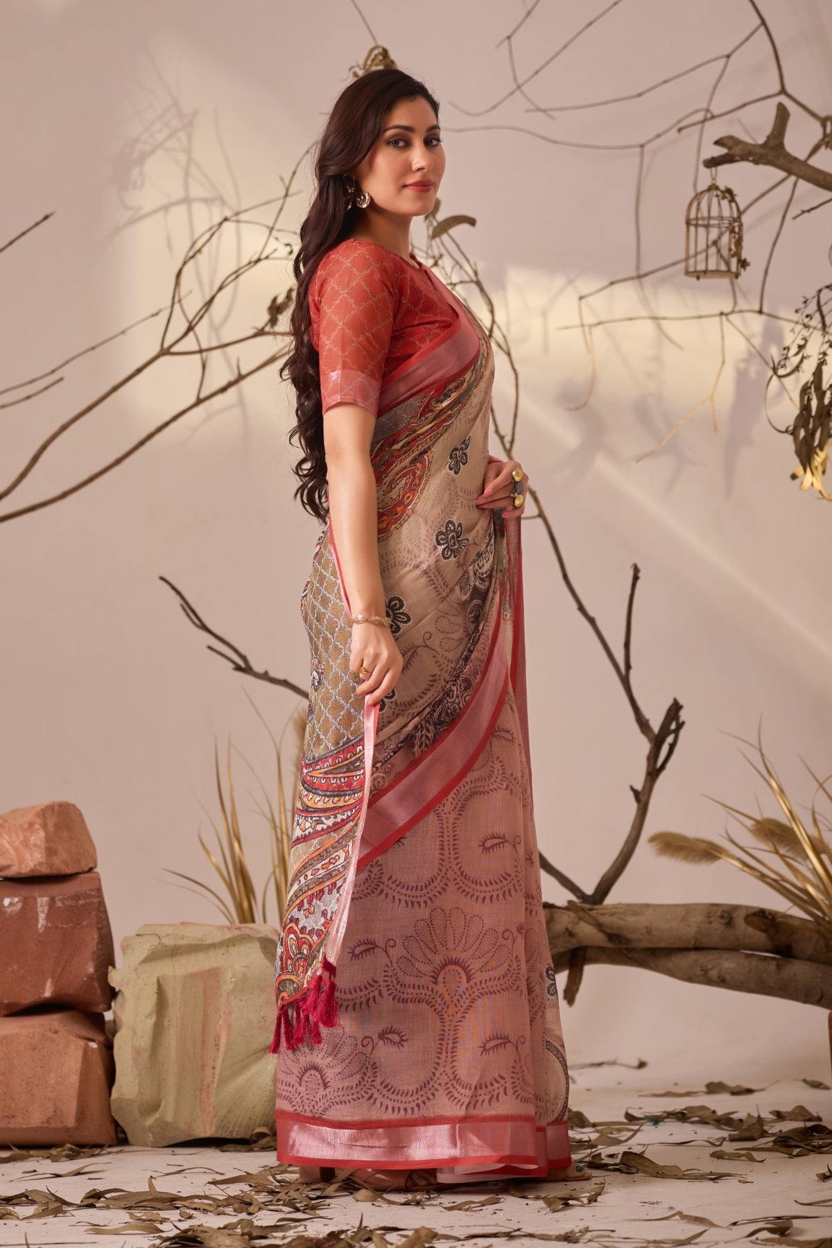 Cream Linen Cotton saree With Digital Print