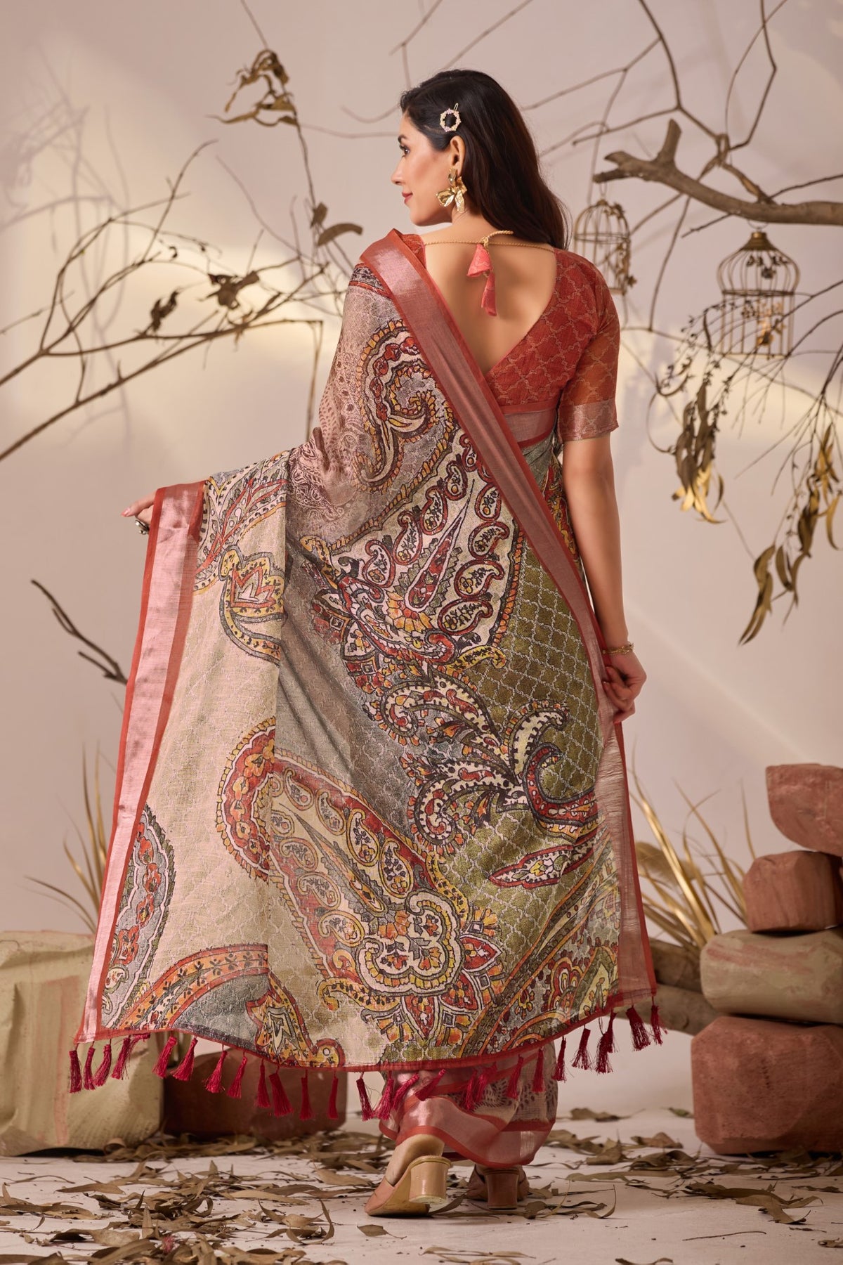 Cream Linen Cotton saree With Digital Print
