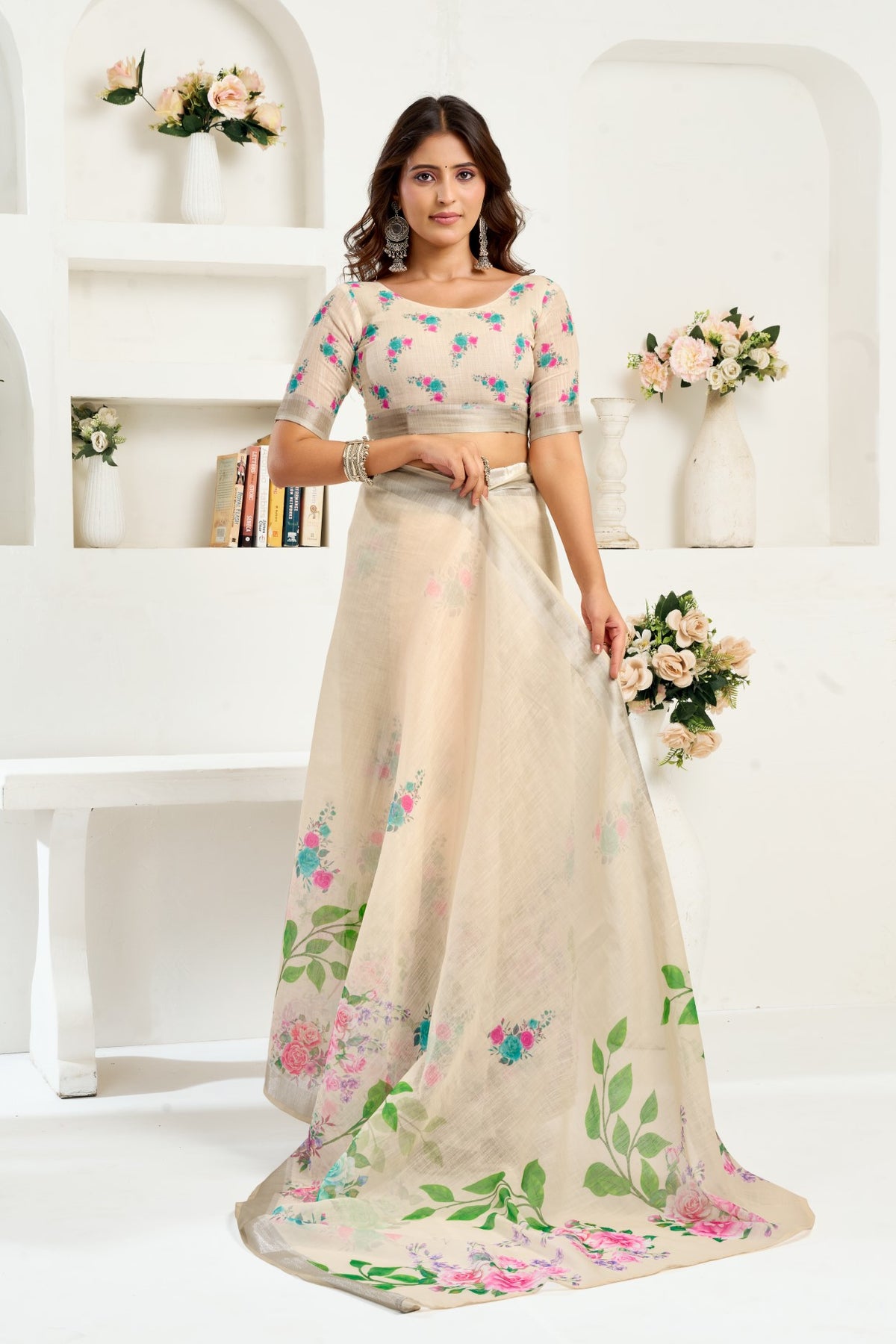 Cream Linen Ready To Wear Saree With Zari Border Printed