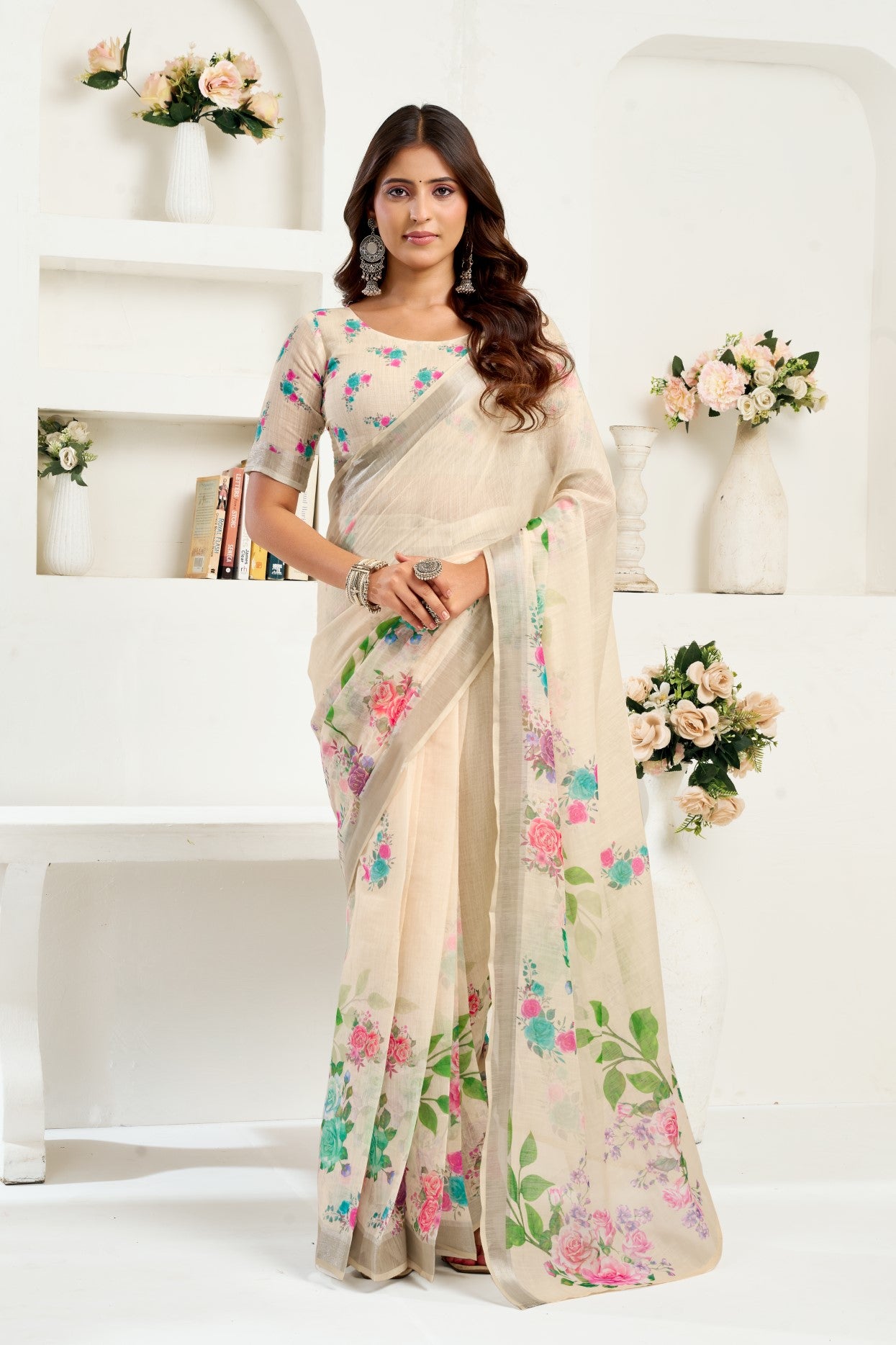 Cream Linen Ready To Wear Saree With Zari Border Printed