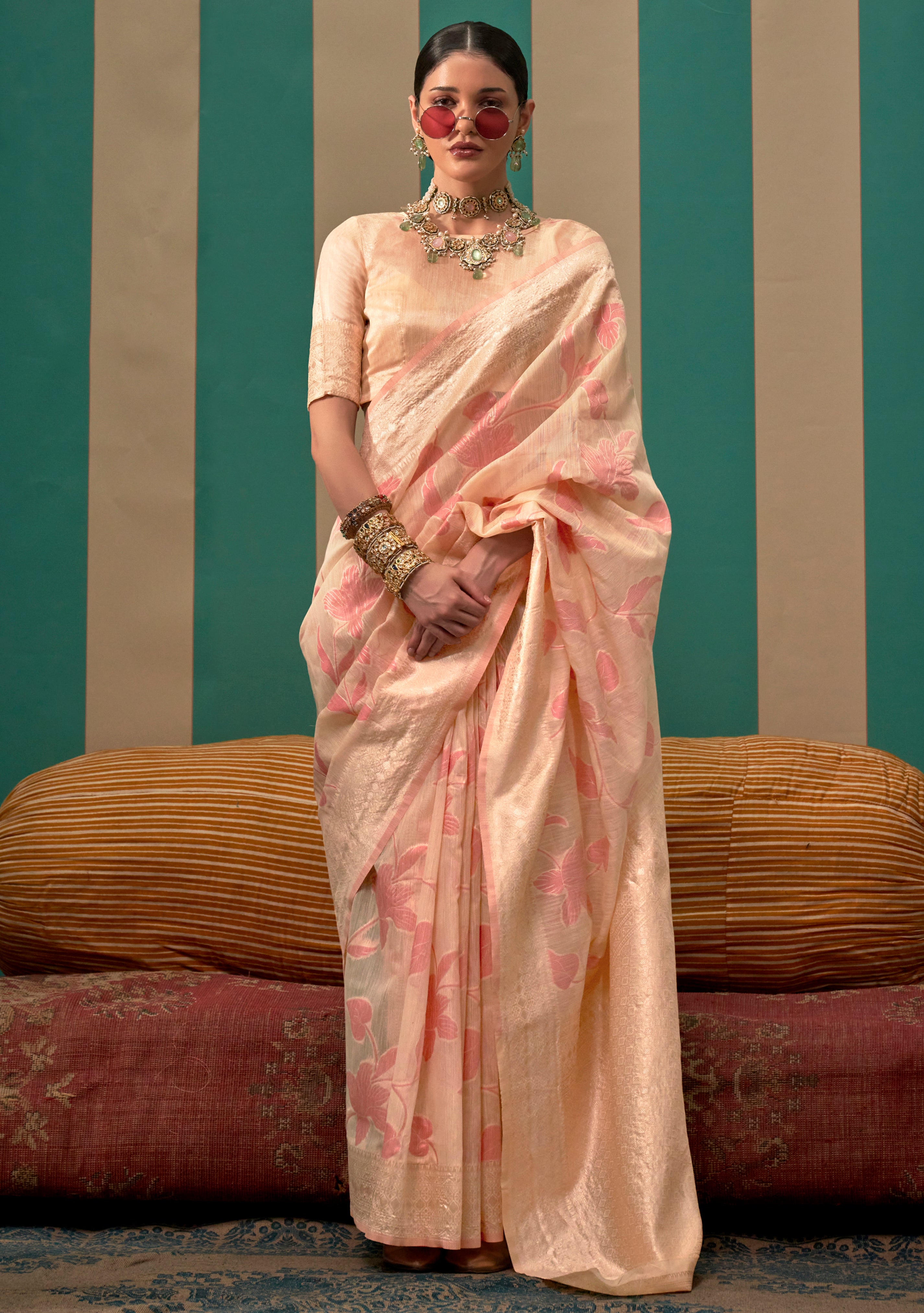 Cream Linen Saree With  Jacquard Woven Work