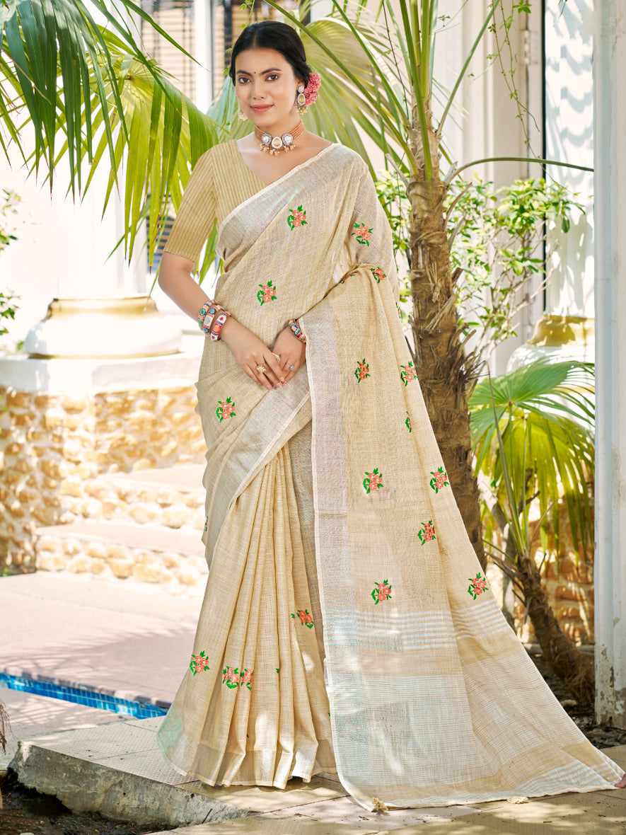 Cream Linen Saree With Sophisticated Touch and Subtle Elegance
