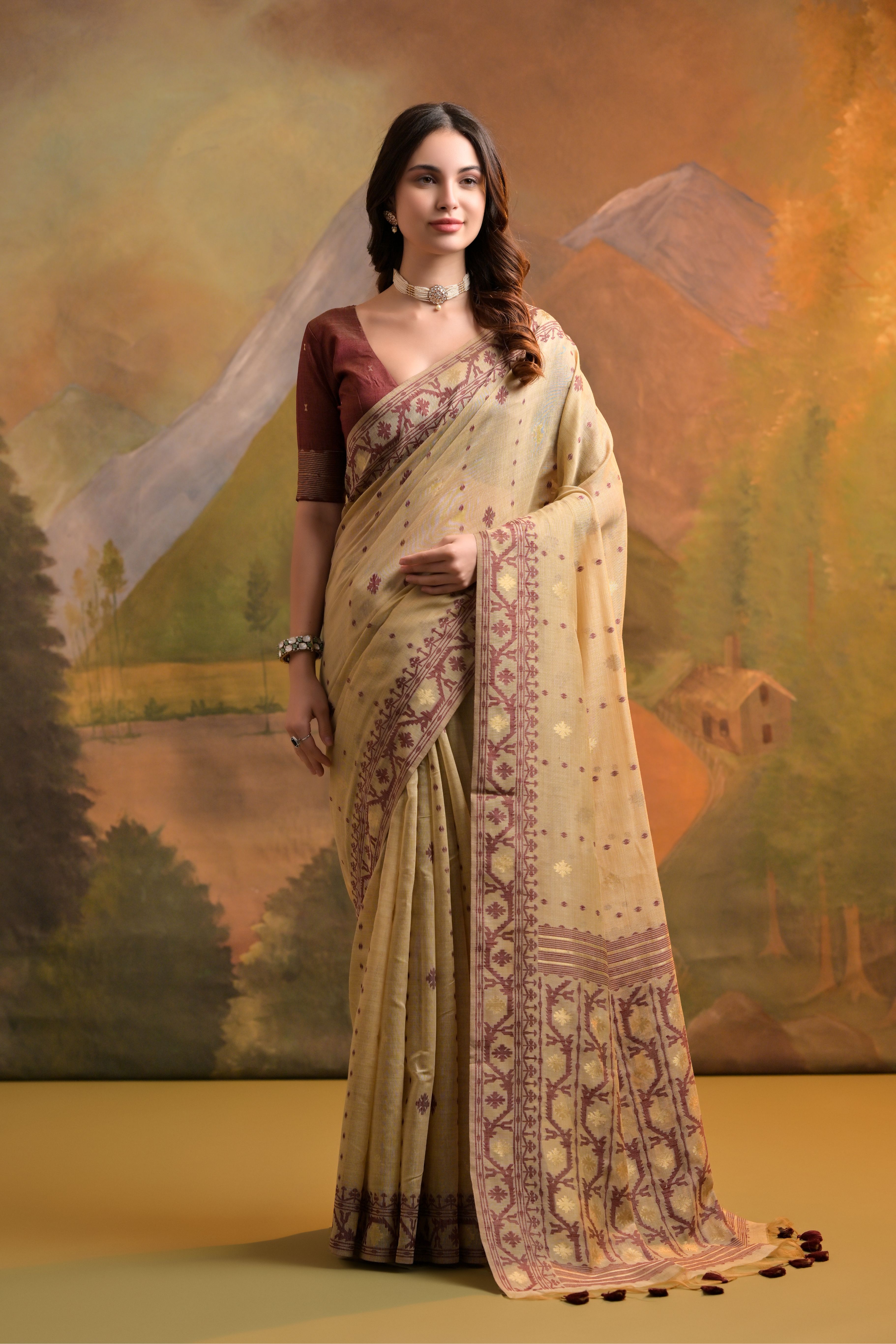 Cream Muga Cotton Saree with Thread Butti Weaves