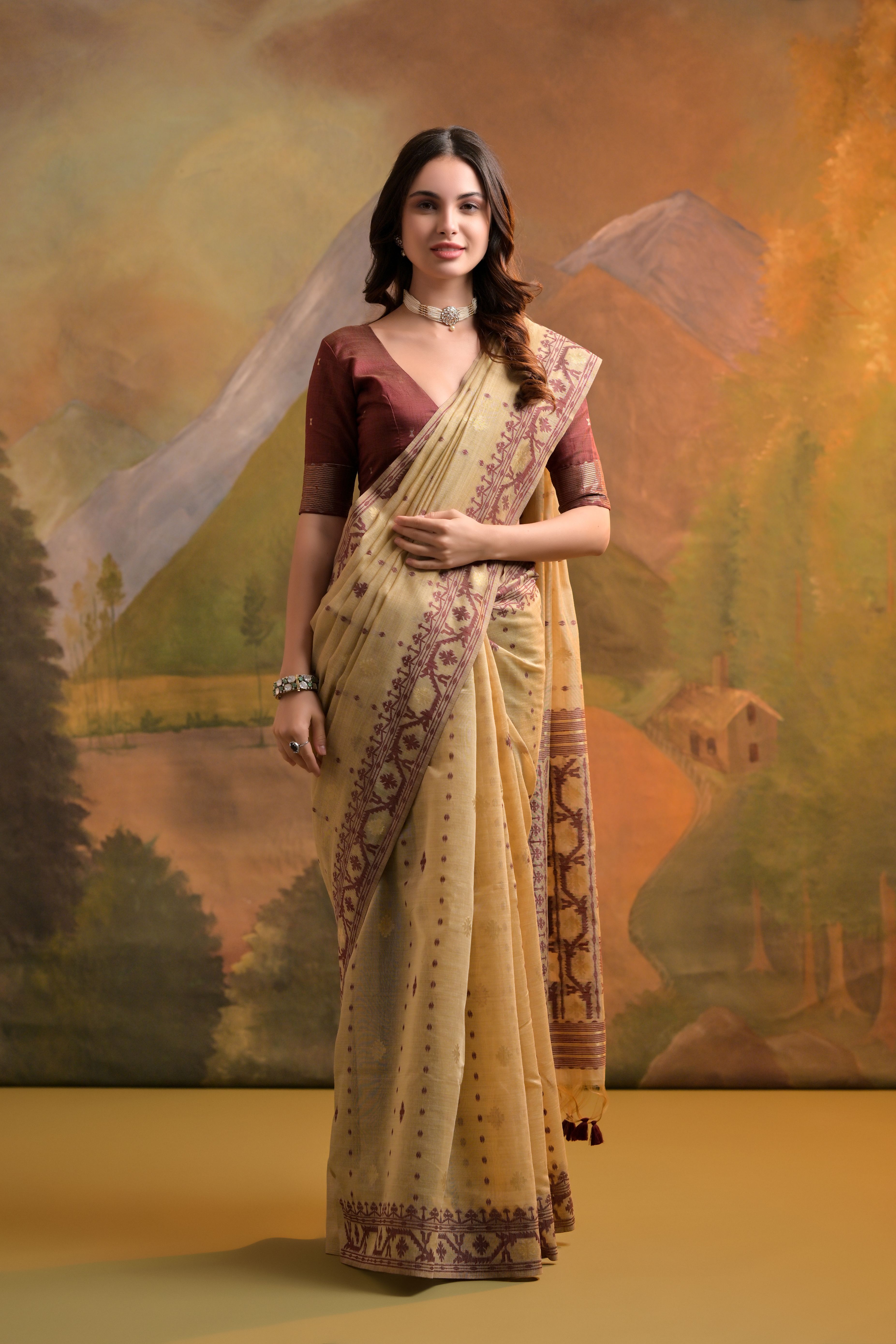 Cream Muga Cotton Saree with Thread Butti Weaves
