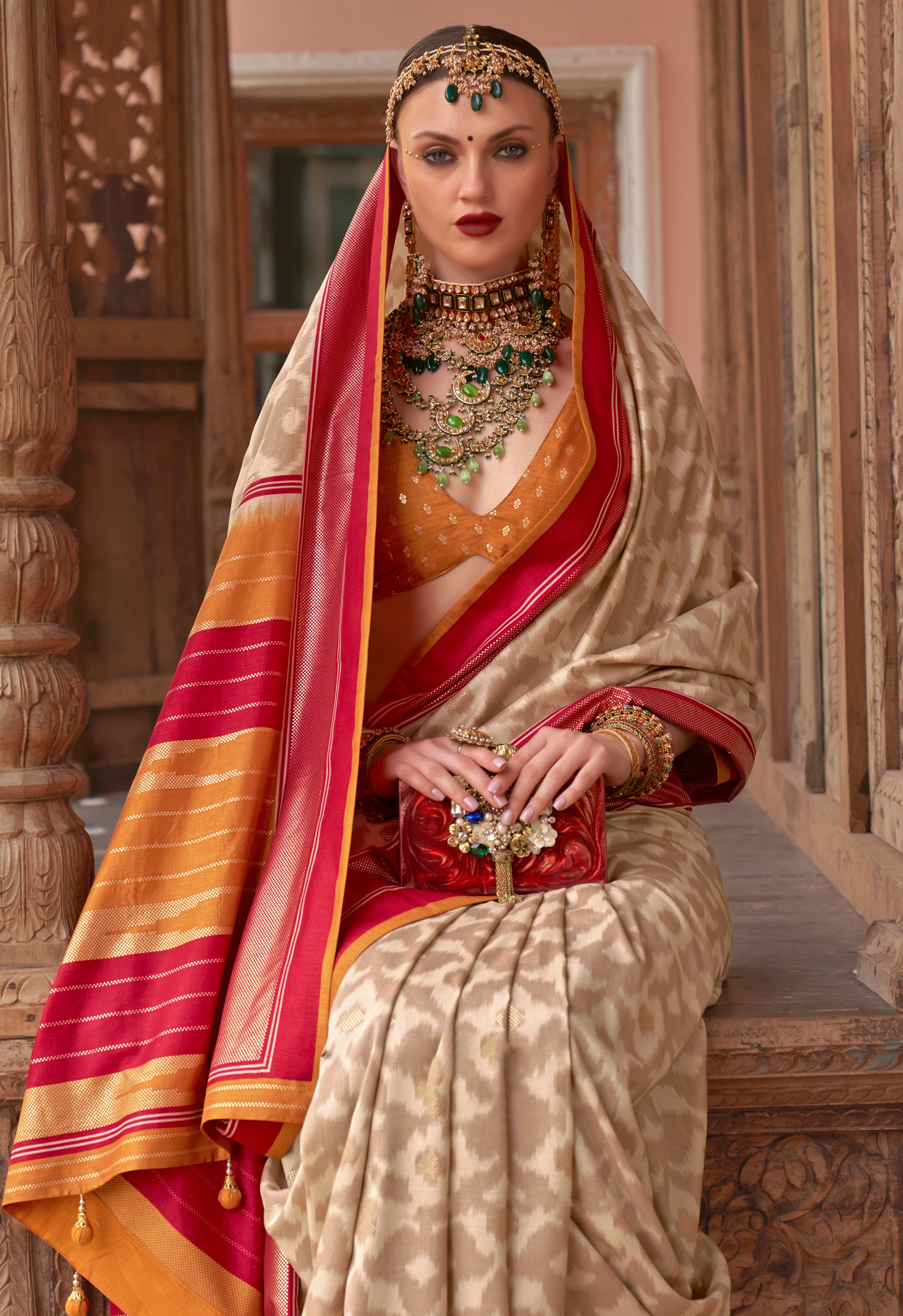 Cream PV Silk Saree with  Printed